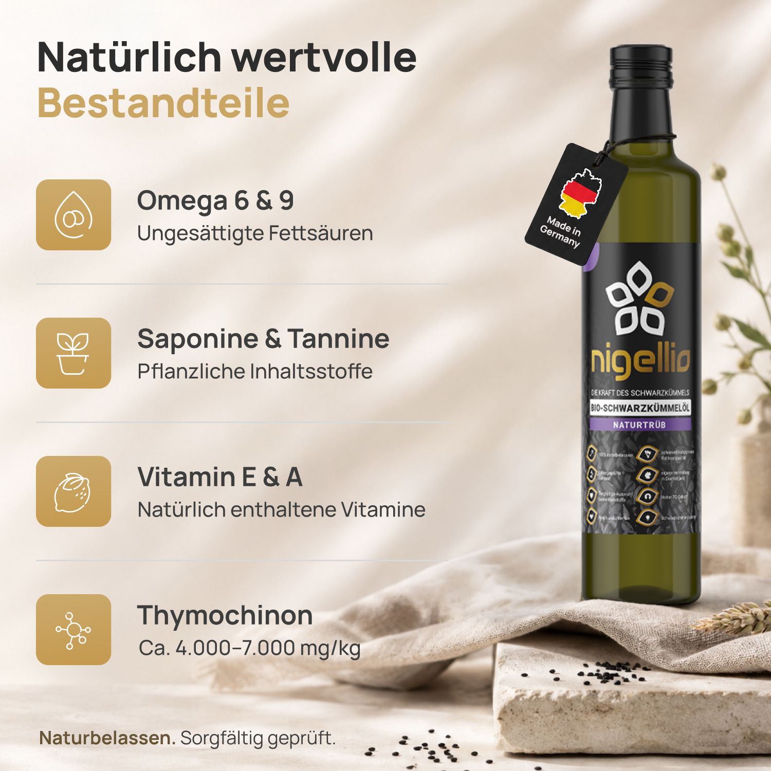 Nigellio Bio-Schwarzkümmelöl ungefiltert kaltgepresst aus ägyptischer Nigella sativa