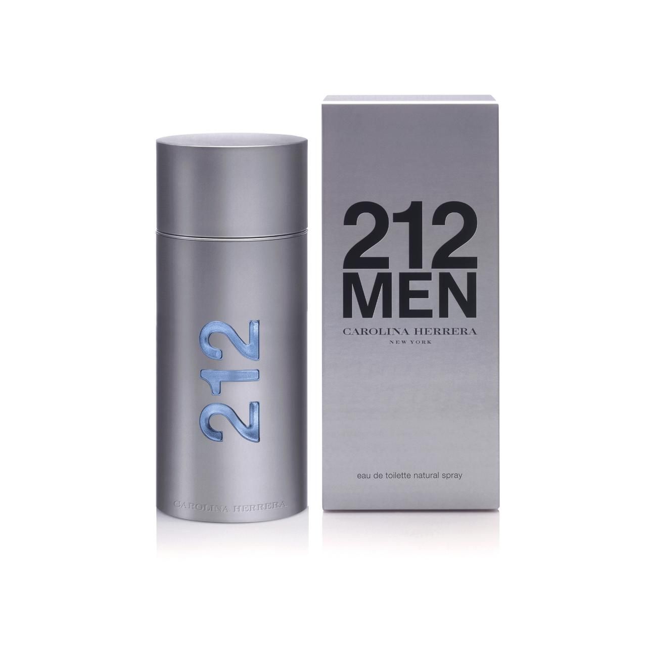 Silberfarbener Flakon und Schachtel. Aufschrift "212 MEN" und "Carolina Herrera".