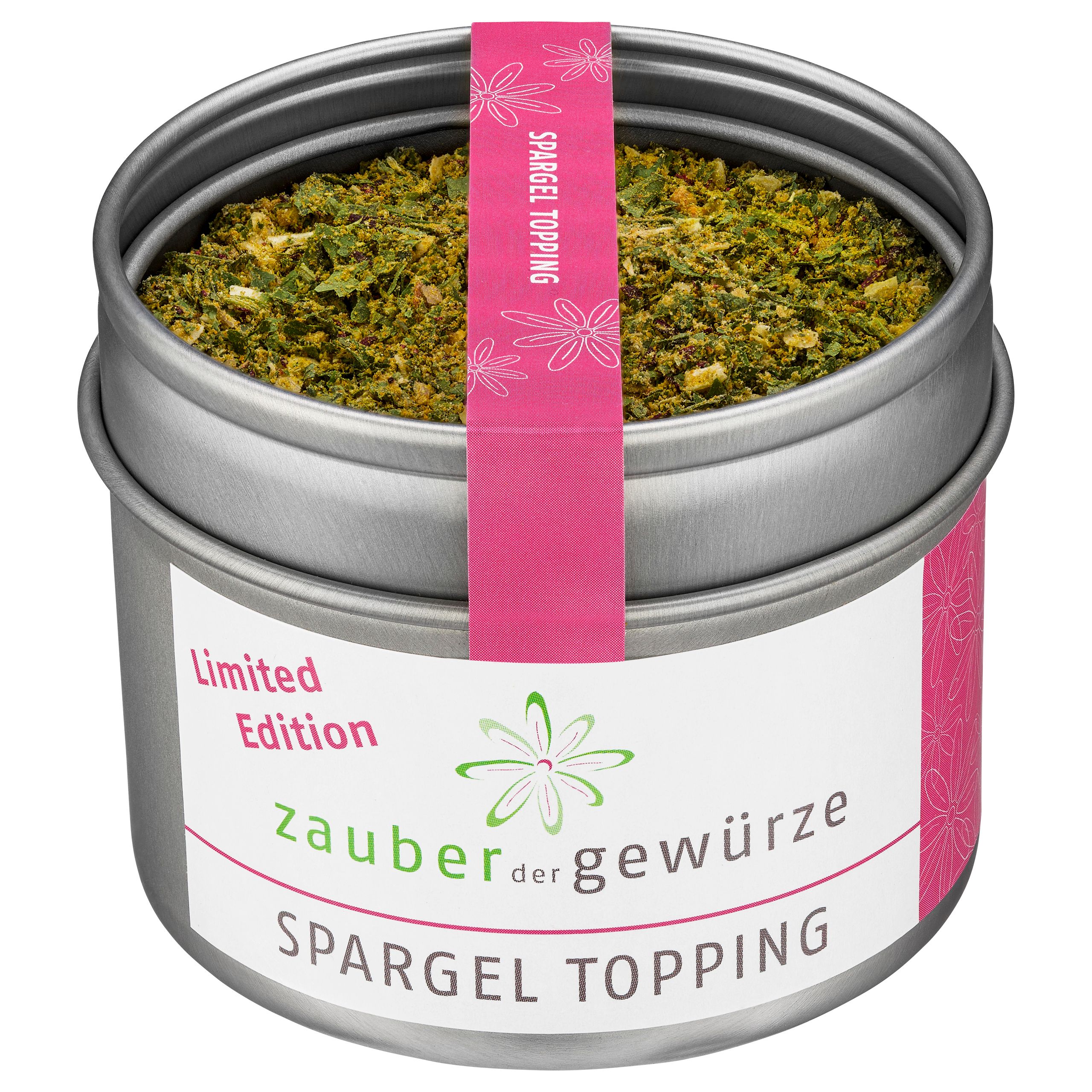 Runde Dose mit Spargel Topping. Rosa Etikett mit Produktname und Logo. Deckel mit rosa Band. Aufschrift: Limited Edition.
