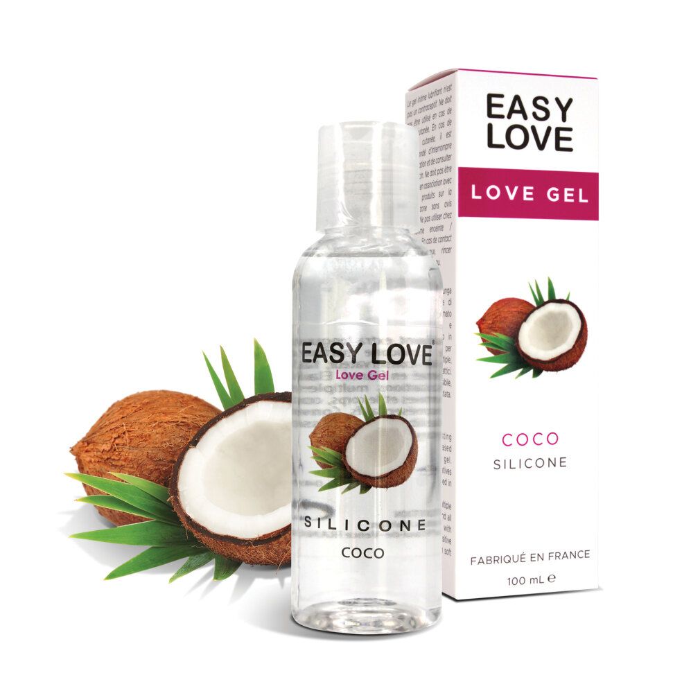 Flasche und Verpackung mit Aufschrift "EASY LOVE LOVE GEL". Kokosnuss-Illustrationen. "SILICONE COCO" auf der Flasche.
