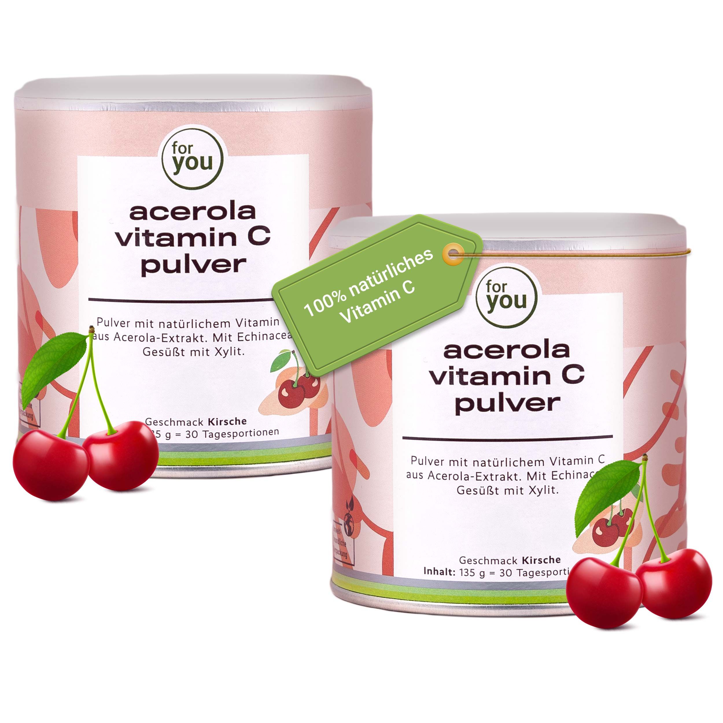 Zwei Dosen mit Produktaufschrift. Kirschen liegen daneben. Text: 100% natürliches Vitamin C.