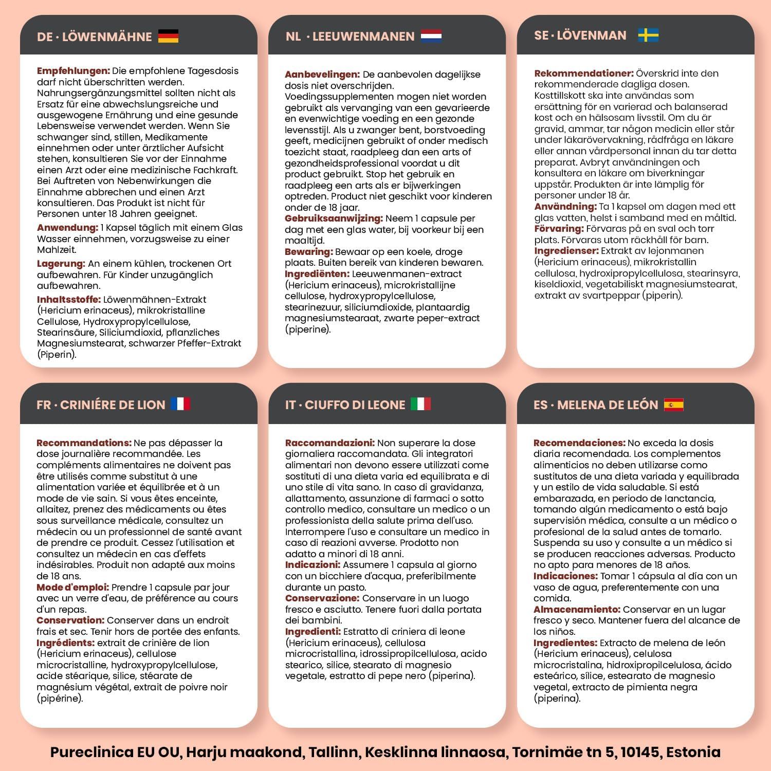 Mehrsprachige Textfelder mit Empfehlungen und Inhaltsstoffen für Löwenmähne-Kapseln. Sprachen: Deutsch, Englisch, Französisch, Italienisch, Schwedisch, Estnisch.