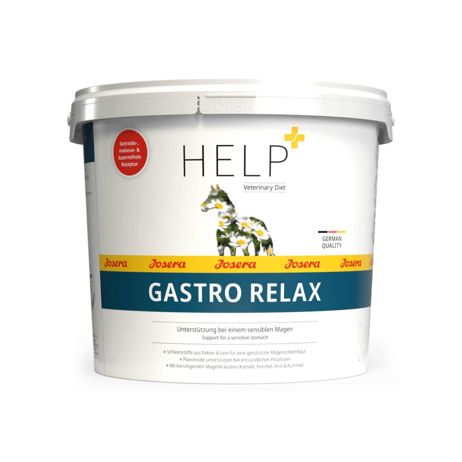 Weißer Eimer mit Deckel. Aufschrift "HELP Gastro Relax" und Logo. Gelbe und rote Akzente.