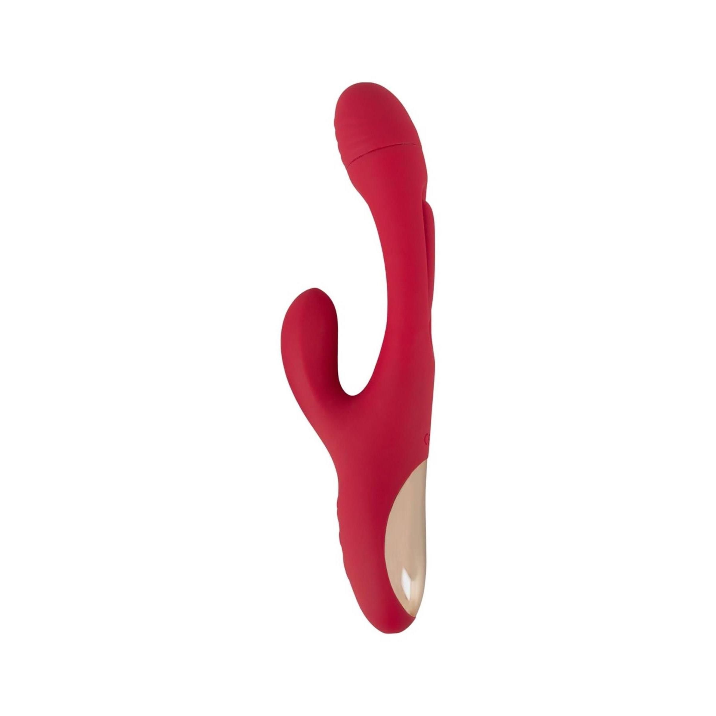 Roter Vibrator mit gebogener Form. Der Kopf ist länglich, der Schaft gebogen mit einem kleineren, gebogenen Teil.
