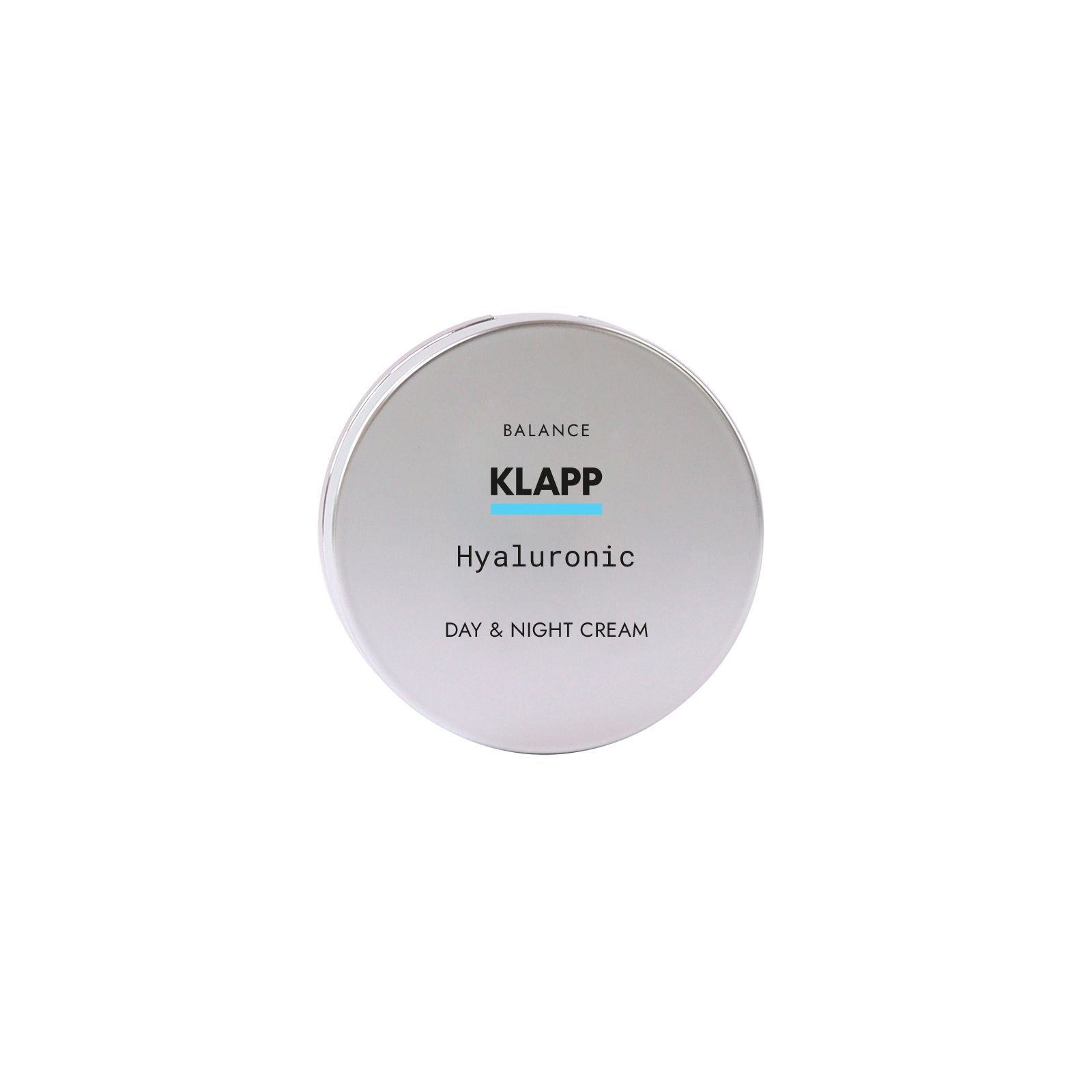 Runder, silberfarbener Behälter. Deckel mit Schriftzug 'KLAPP', 'Hyaluronic' und 'DAY & NIGHT CREAM'.
