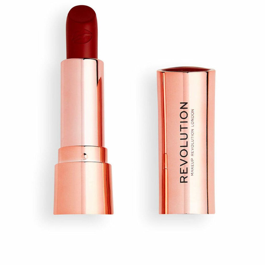 Roter Lippenstift, geöffnet. Goldfarbenes Metallgehäuse. Auf dem Gehäuse steht "REVOLUTION MAKEUP LONDON".