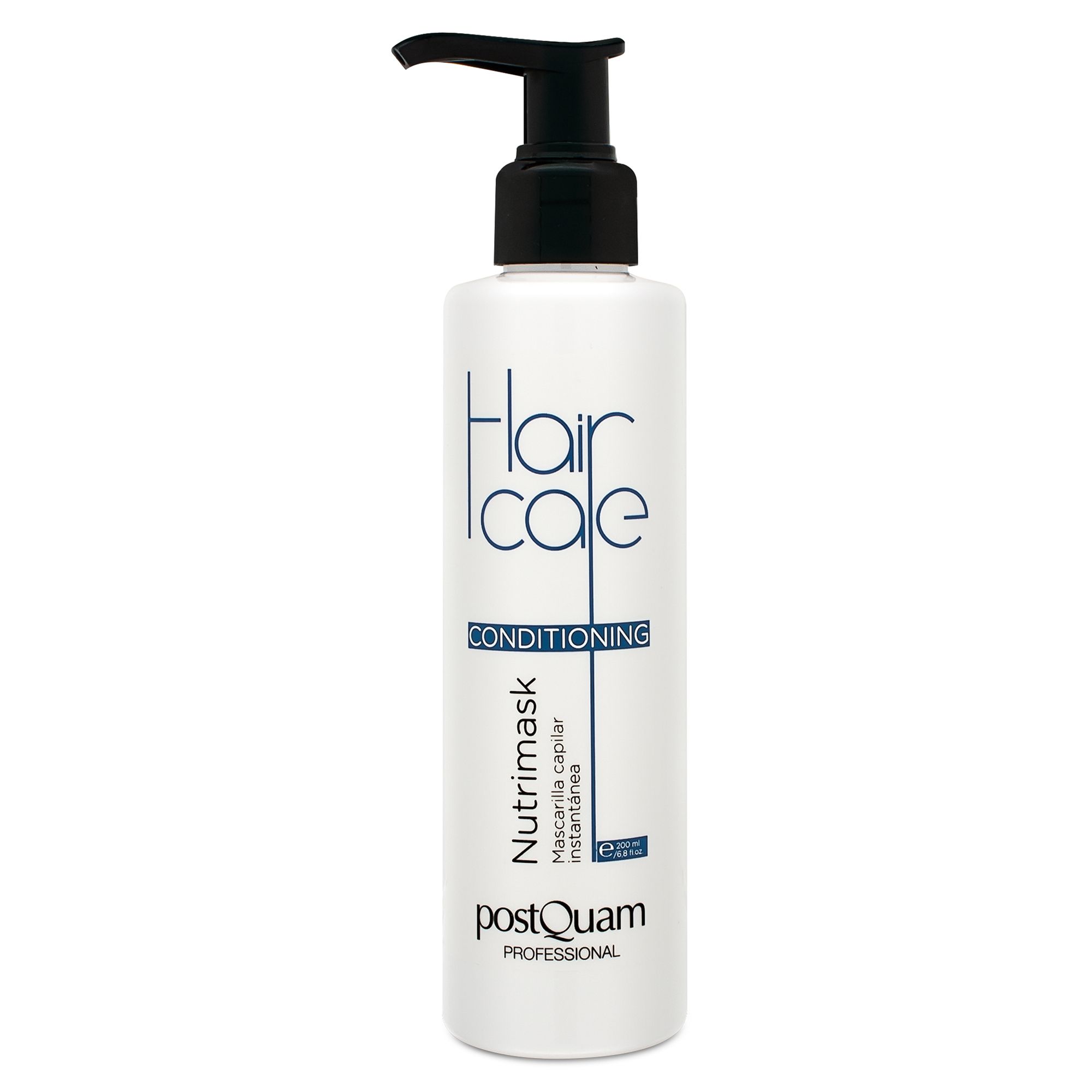 Weiße Flasche mit schwarzem Pumpkopf. Aufschrift 'Hair Care Conditioning' und 'Nutrimask' von Postquam.