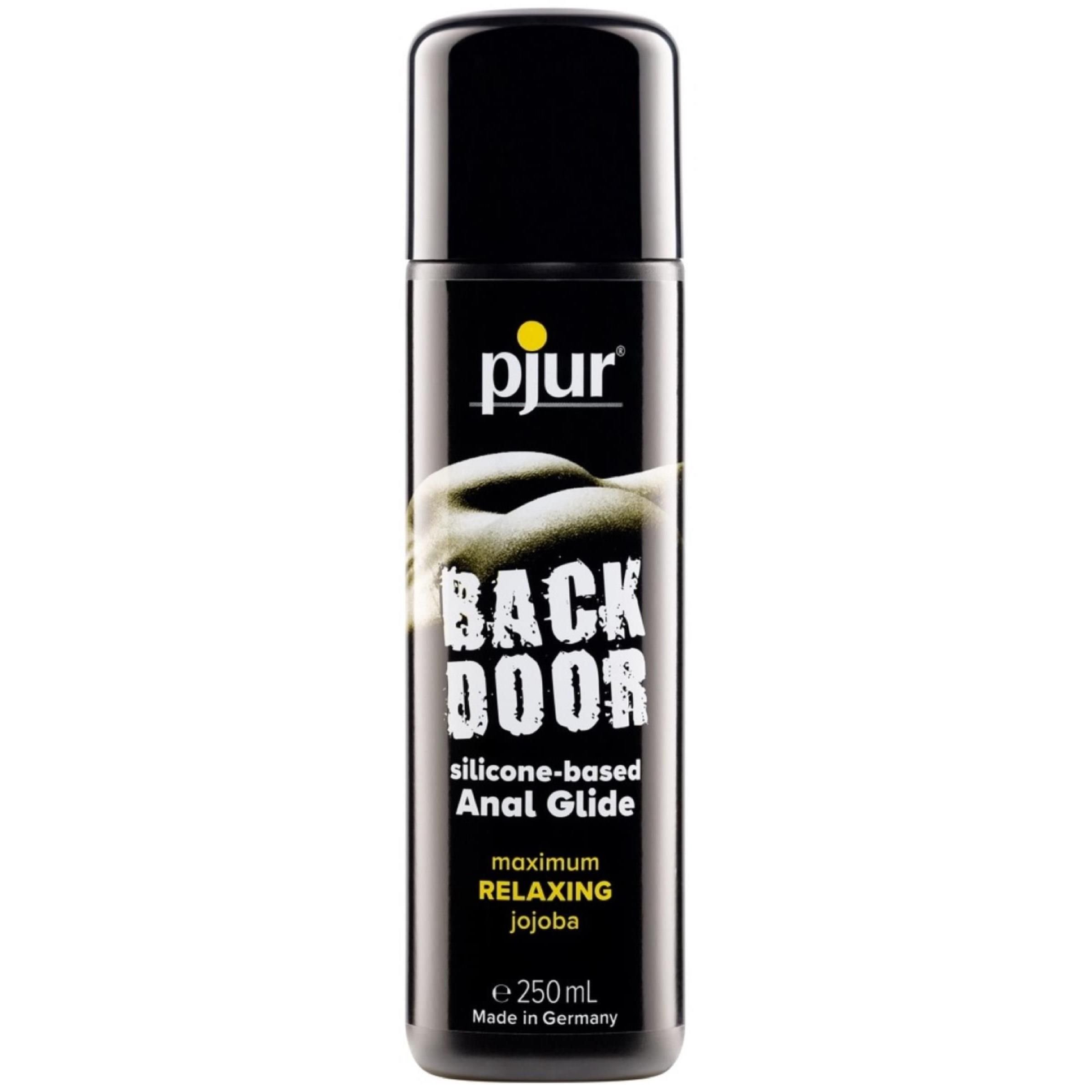 Schwarze Flasche mit schwarzem Deckel. Aufschrift "pjur BACK DOOR silicone-based Anal Glide". 250 ml. Hergestellt in Deutschland.