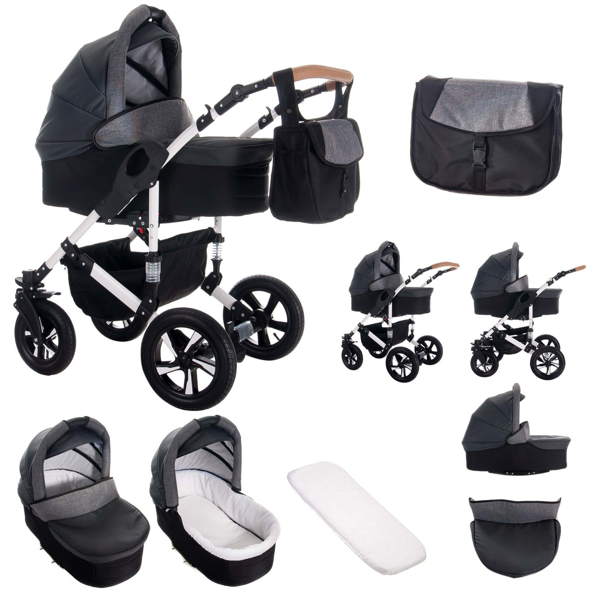 Kinderwagen-Set mit Babywanne, Sportsitz, Wickeltasche und Zubehör. Schwarzes Gestell, schwarze Räder.