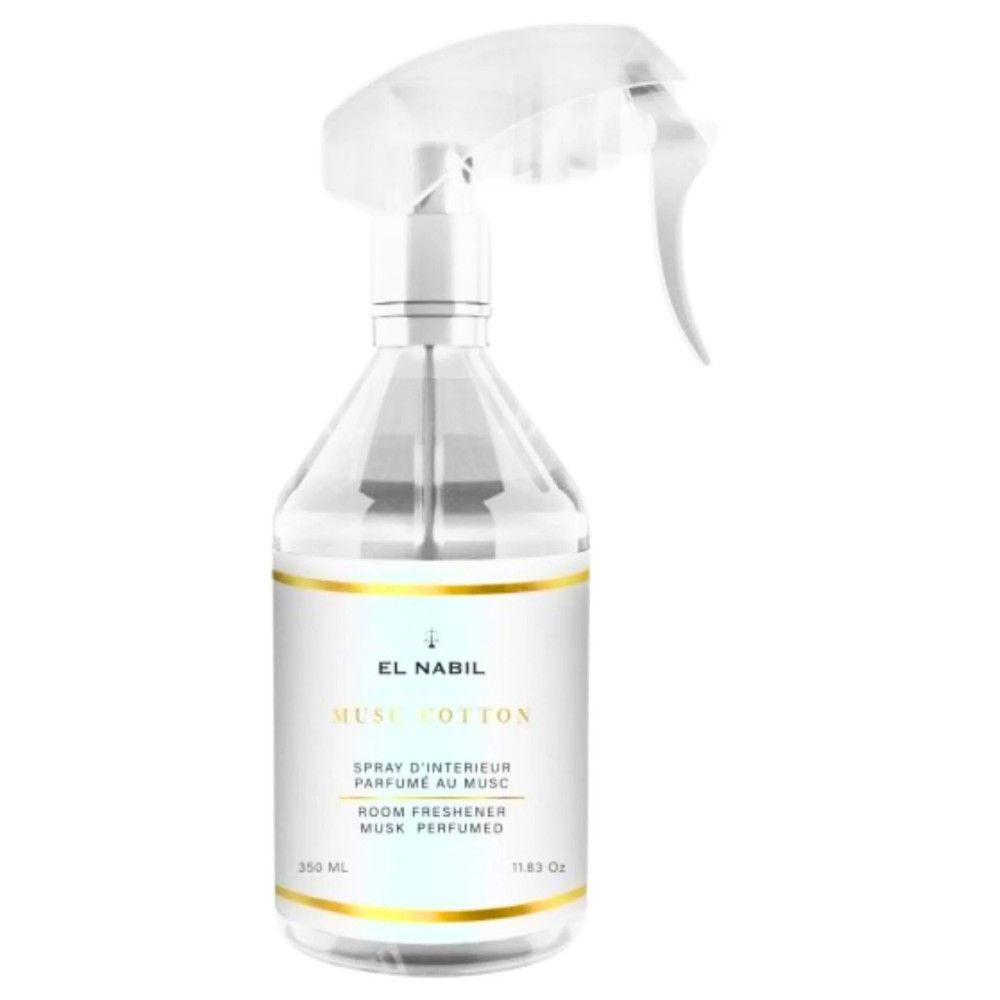 Transparente Sprühflasche mit weißem Etikett und goldfarbenem Rand. Aufschrift: EL NABIL, MUSC COTTON, Raumduftspray.