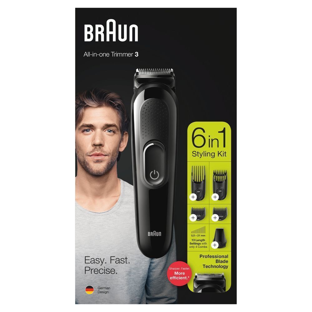 Braun All-in-one Trimmer 3. Schwarzer Trimmer mit Zubehör. 6-in-1 Styling Kit. Verpackung mit Mann. "Easy. Fast. Precise."