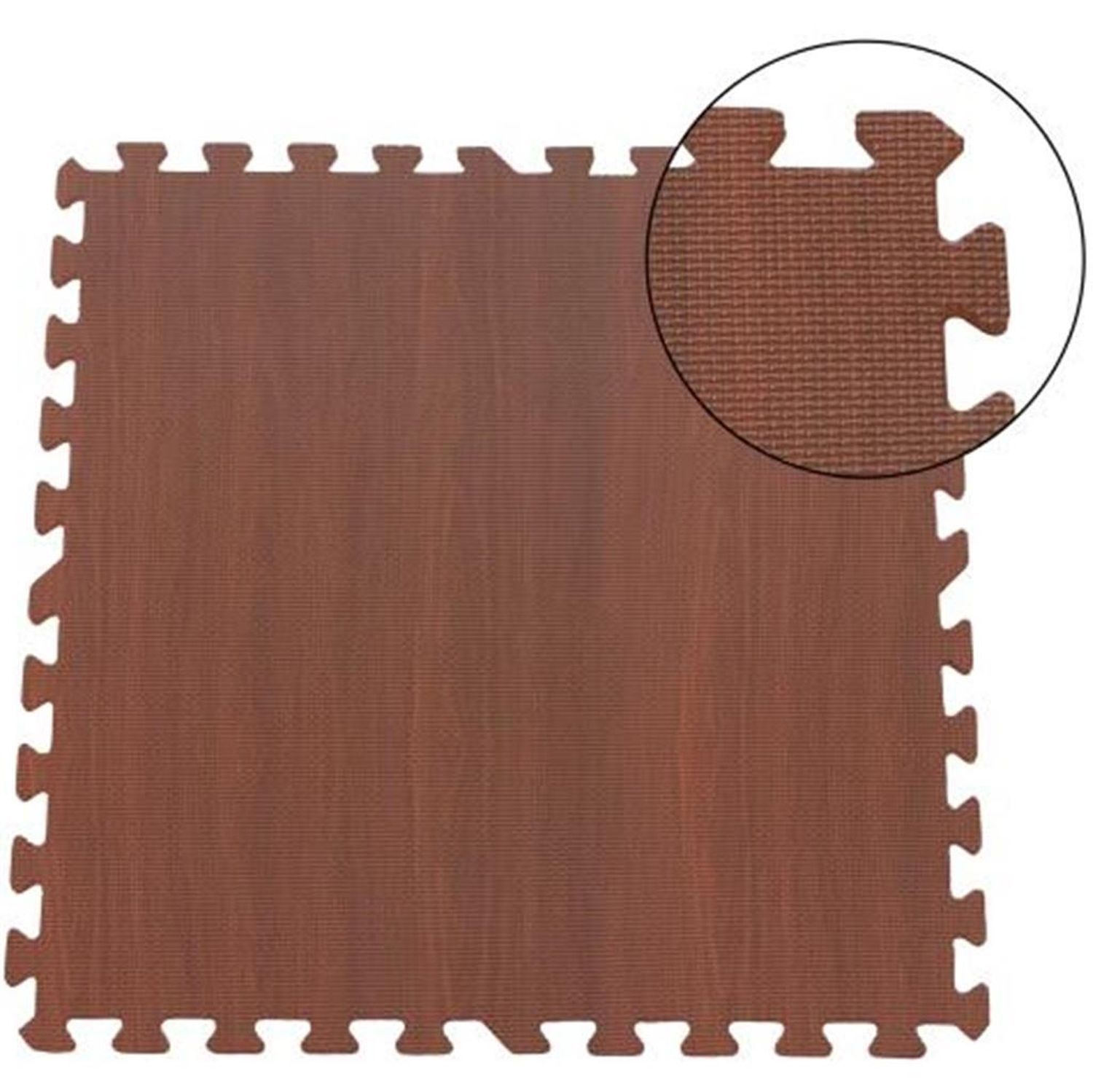 Braune Puzzlematte mit Holzoptik. Die Kanten sind gezahnt. Detailansicht zeigt die Struktur und die Verzahnung. Quadratische Form.