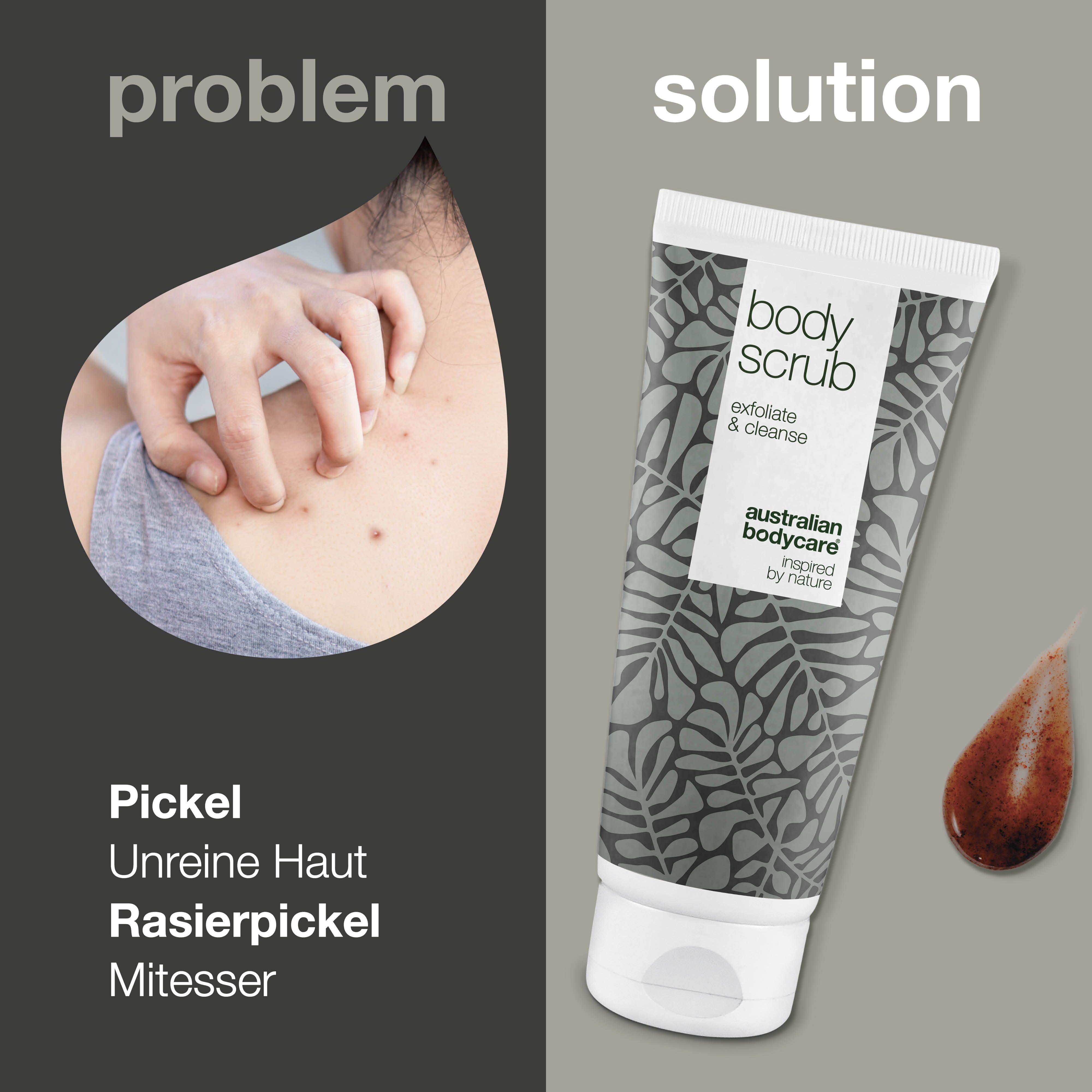 Grafik: Problem und Lösung. Tube Body Scrub, Pickel, unreine Haut, Rasierpickel, Mitesser. Australian Bodycare.