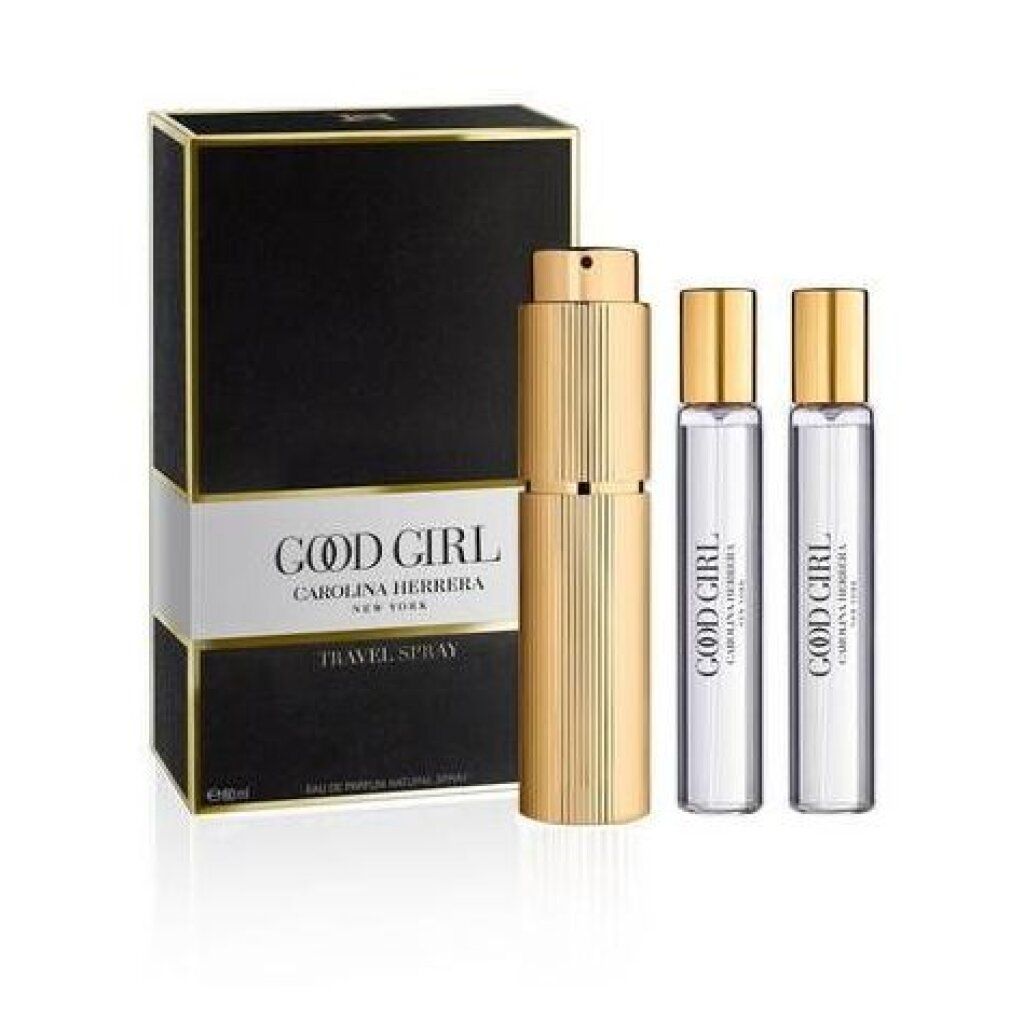 Geschenkset mit goldfarbenem Behälter, zwei Nachfüllungen und einer Schachtel. Aufschrift: Good Girl, Carolina Herrera, Travel Spray.