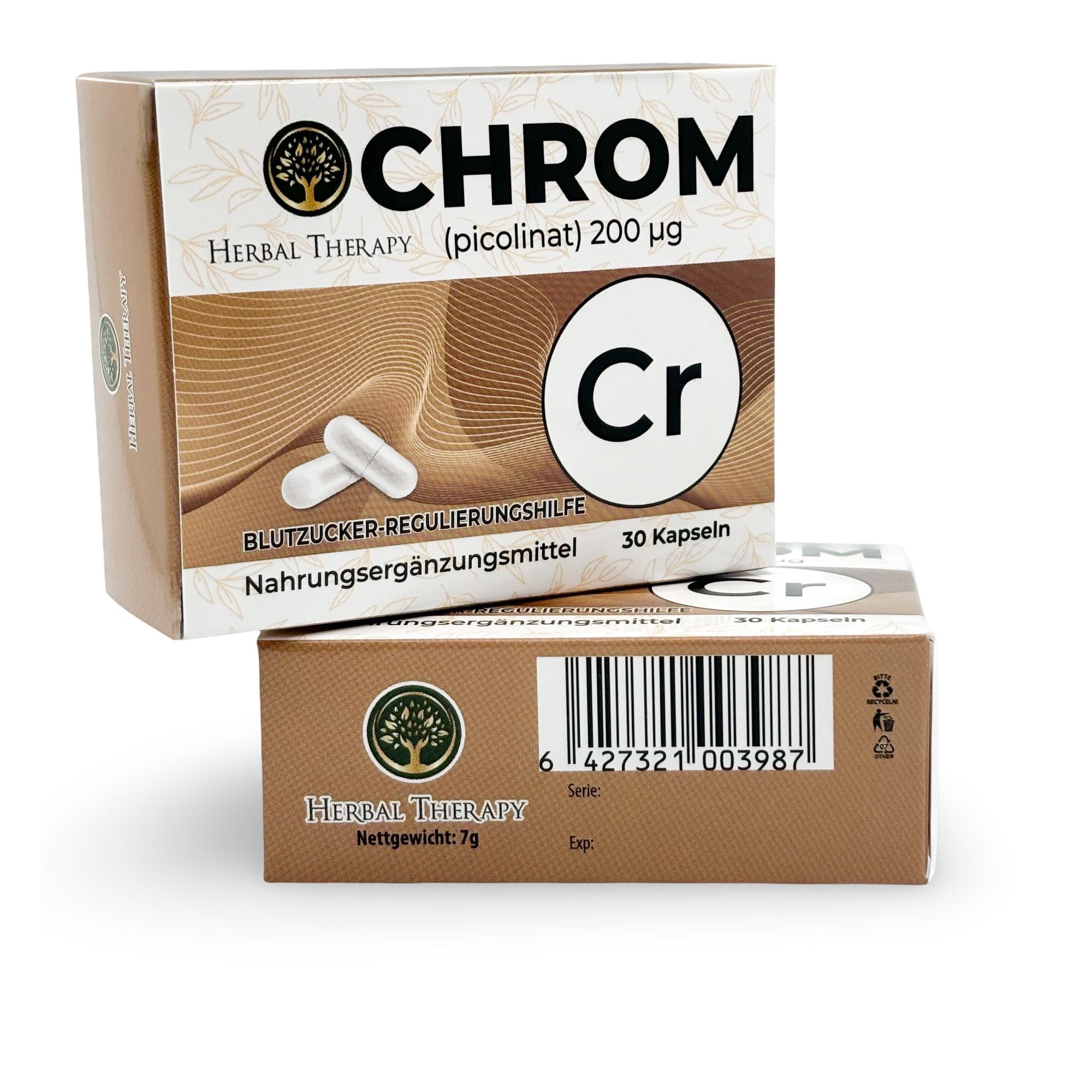 Zwei Produktverpackungen. Aufschrift: CHROM, Herbal Therapy (picolinat) 200 μg. Eine Packung liegt auf der anderen.