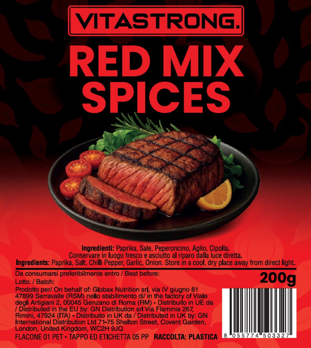 Rotes Etikett mit Produktname: RED MIX SPICES. Abbildung von Fleisch auf Teller mit Tomaten und Zitrone. 200g.