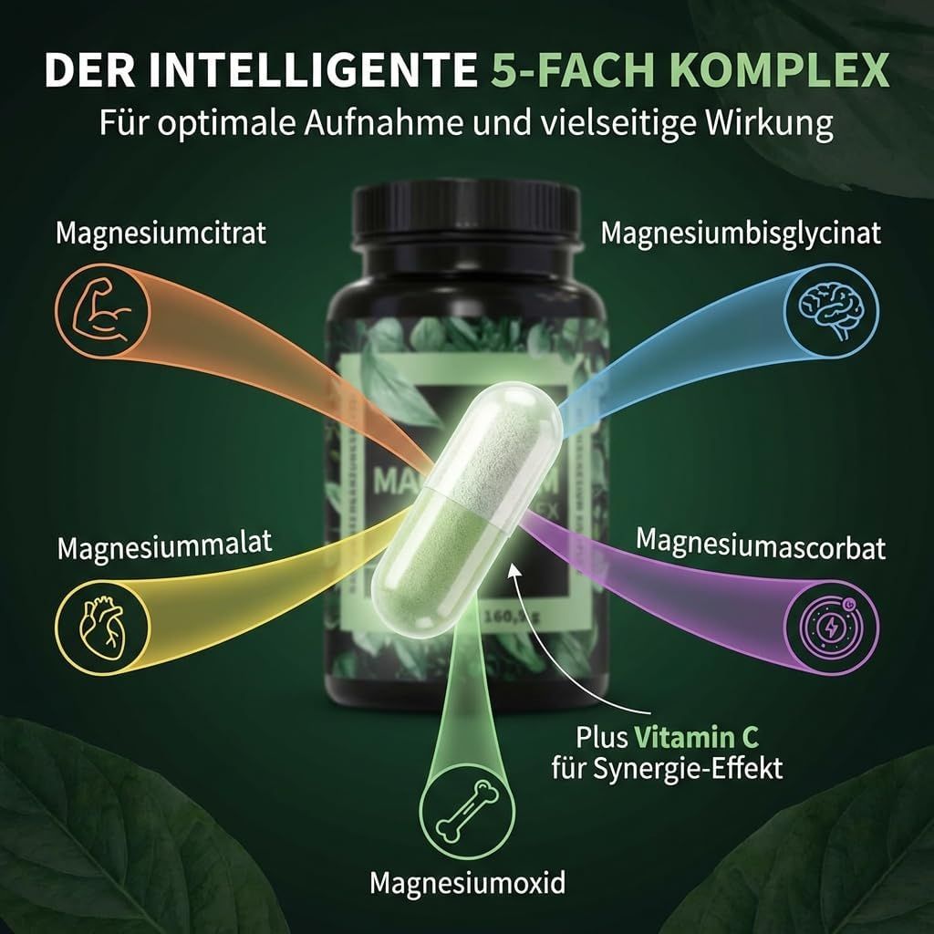Magnesium Komplex hochdosiert, 5-in-1 Matrix, 668,7 mg Magnesium, 180 Kapseln, Made in DE von Vihado