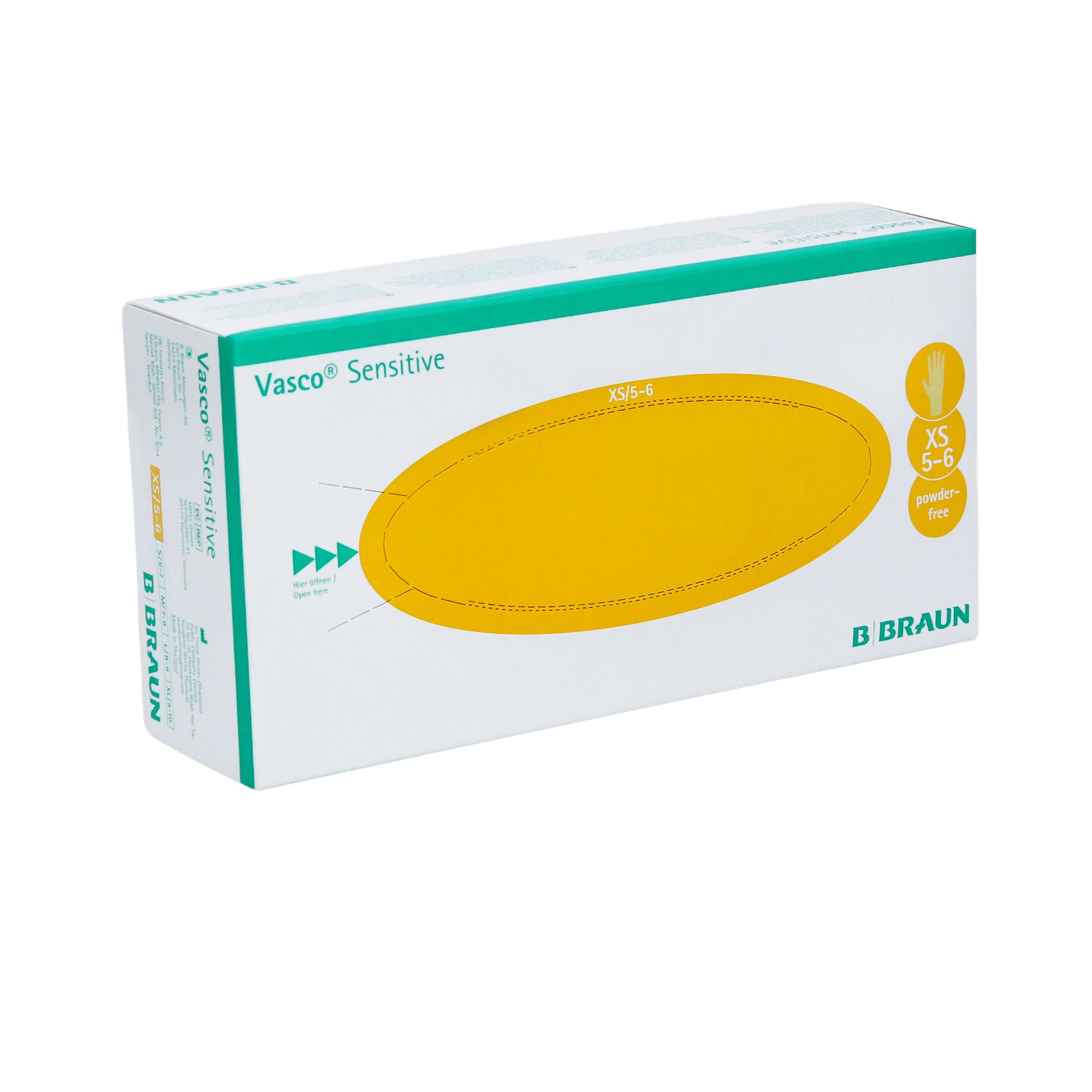 Karton mit Produktnamen Vasco Sensitive. Gelbes Oval mit Pfeilen. XS 5-6. B. Braun Logo. Grün-weiße Verpackung.