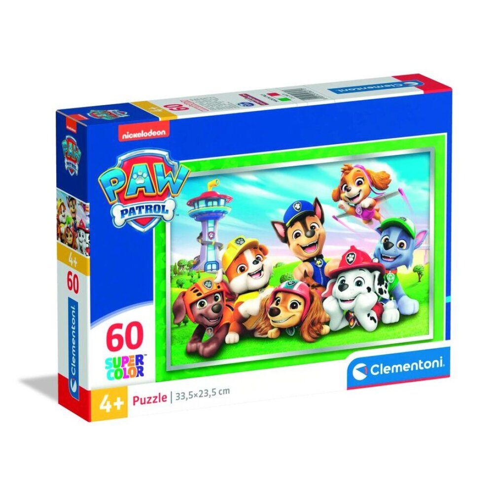 Paw Patrol Puzzle-Box. 60 Teile. Ab 4 Jahren. Nickelodeon-Logo. Clementoni-Marke. Puzzle-Abbildung mit Paw Patrol-Figuren.