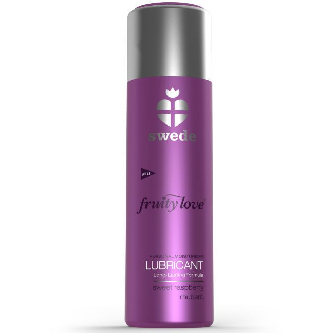 Flasche Fruity Love Lubricant. Lila Flasche mit silbernem Deckel. Aufschrift: swede, Fruity Love, Lubricant.