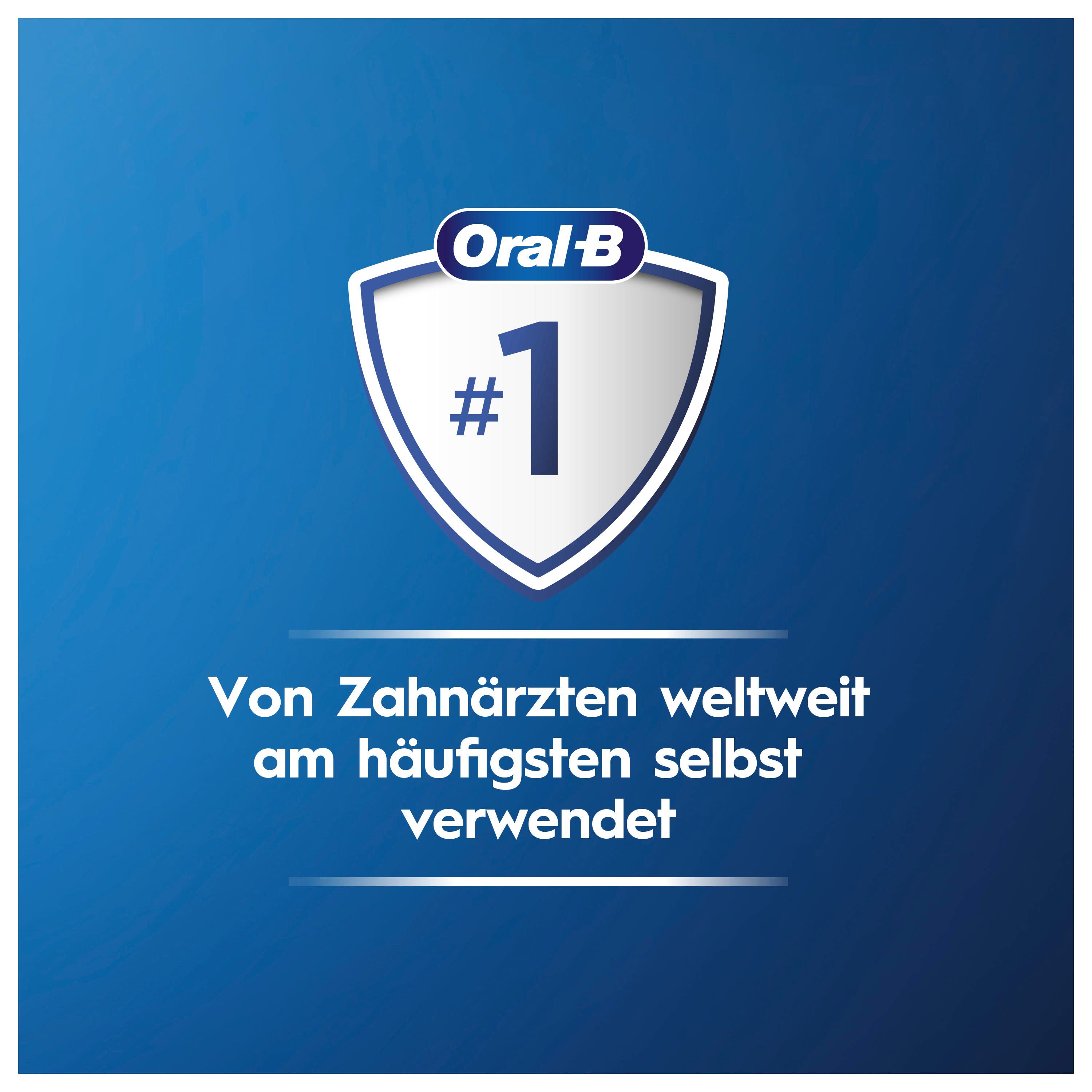 Blauer Hintergrund mit weißem Schild und Text: Oral-B, Nr. 1, von Zahnärzten weltweit am häufigsten verwendet.