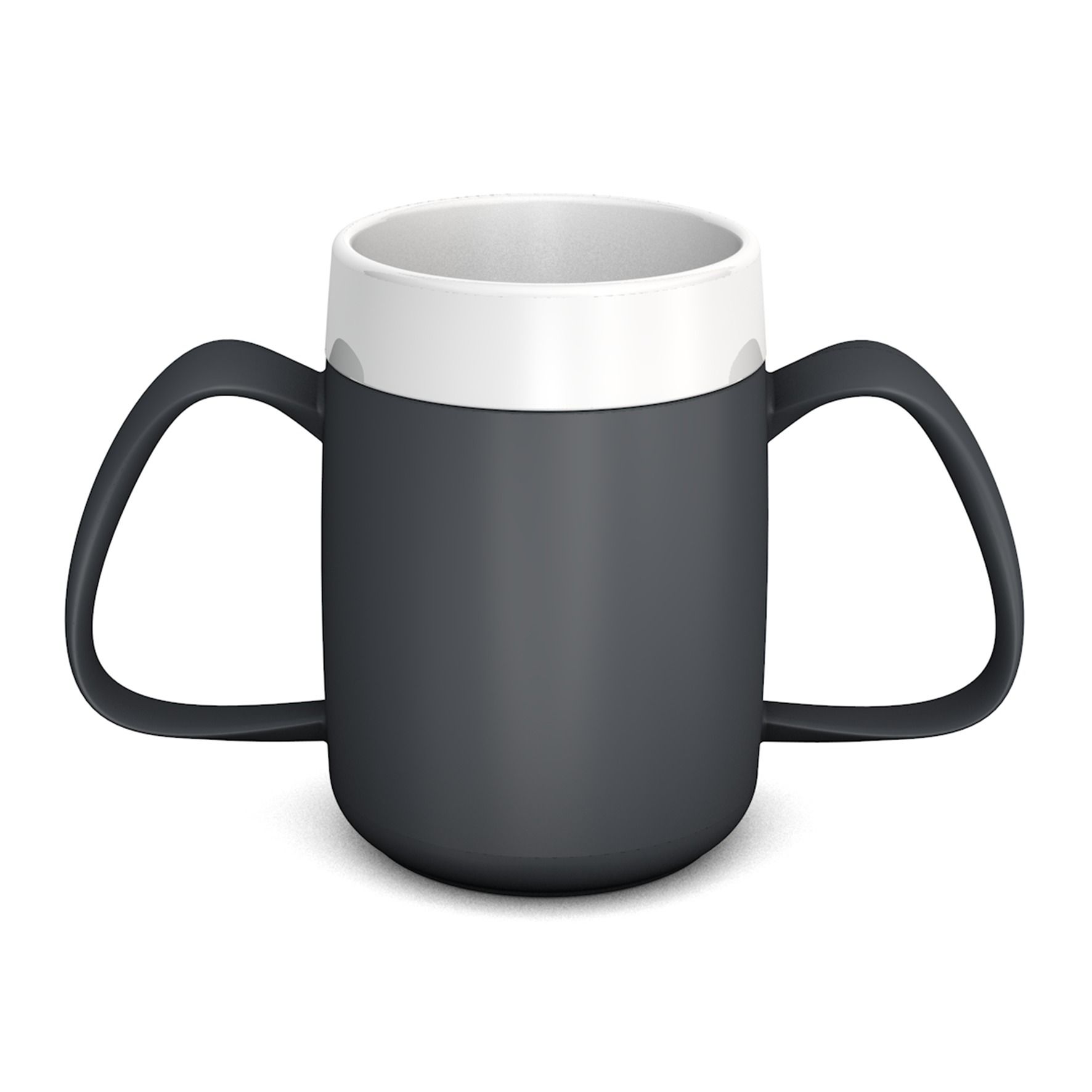Becher mit zwei Henkeln, dunkelgrau mit weißem Rand. Zwei große Henkel. Zylindrische Form.