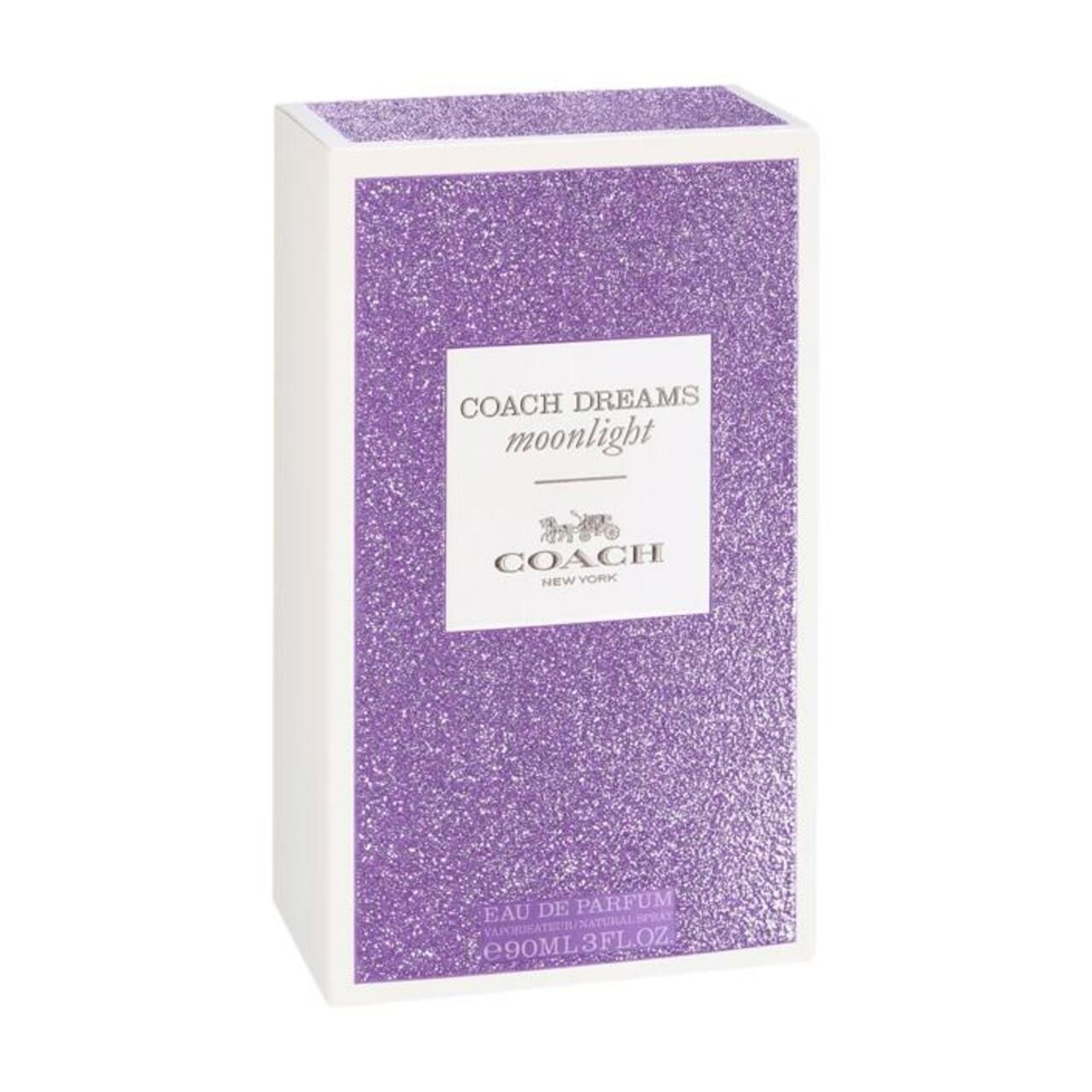 Rechteckige Verpackung mit lila Glitzer. Auf der Vorderseite steht "COACH DREAMS moonlight" und das Logo.