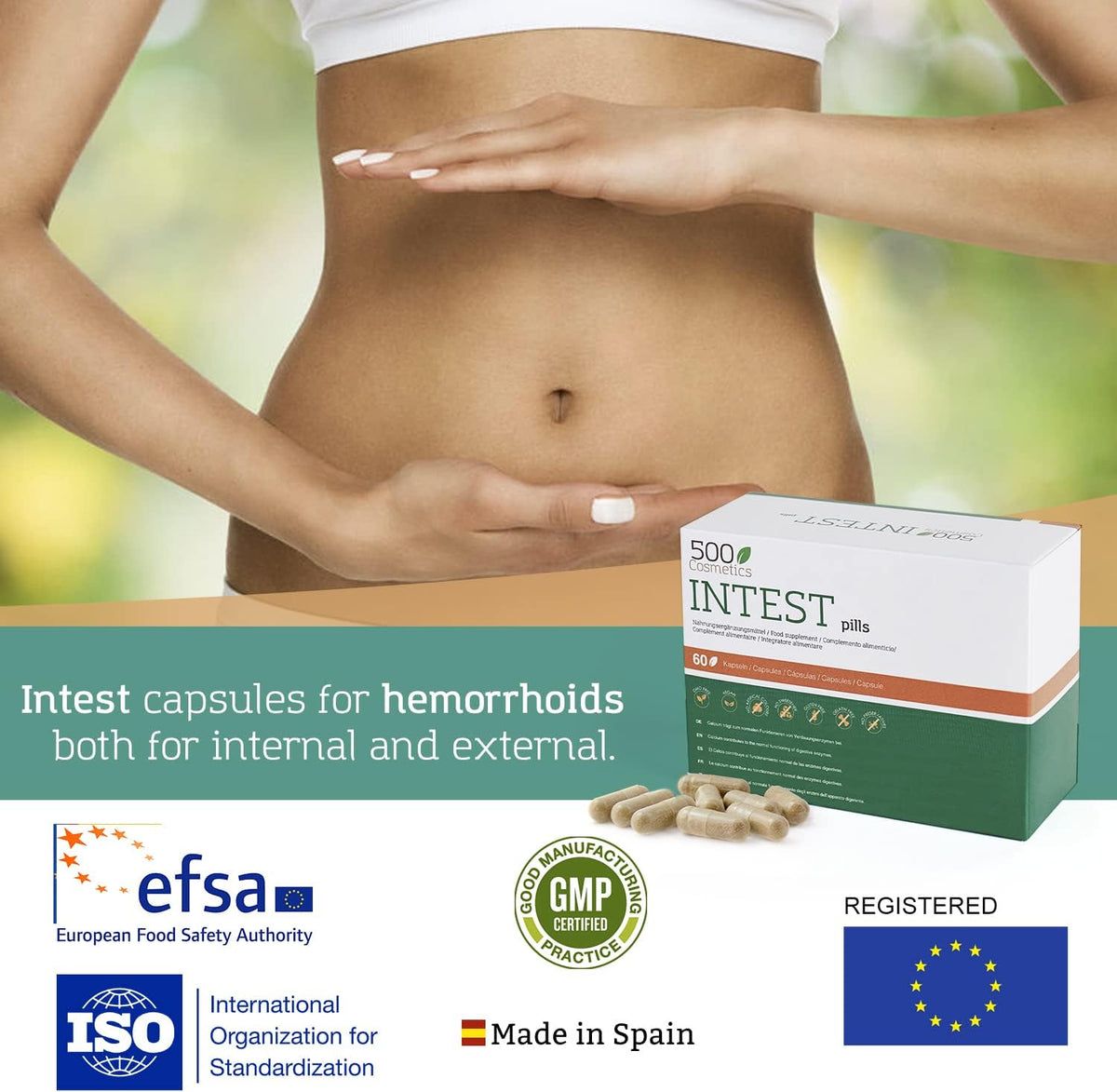 Frau hält Hände auf Bauch. Daneben Schachtel und Kapseln. Logos: EFSA, GMP, ISO, EU-Flagge. Text: Intest capsules for hemorrhoids.