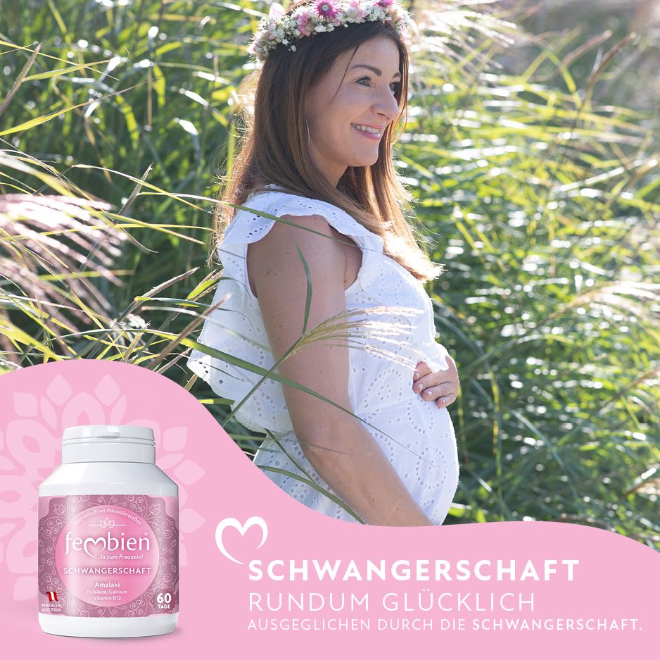Frau im Freien, hält Bauch, neben Fembien-Produkt. Text: Schwangerschaft, rundum glücklich.