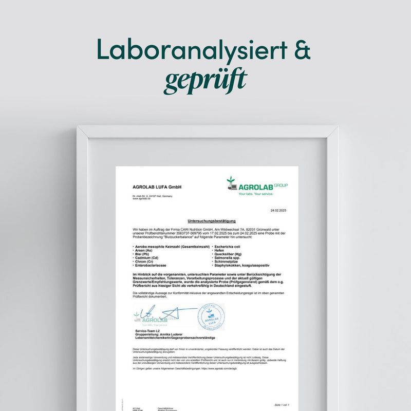 Laboranalysiert & geprüft: Zertifikat von Agrolab für Blutzucker Balance.