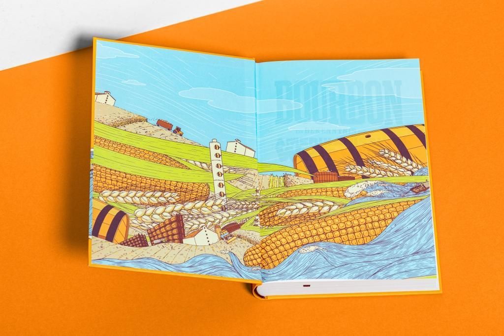 Buch, Doppelseite geöffnet. Illustration von Landschaft mit Maisfeldern und Fässern.