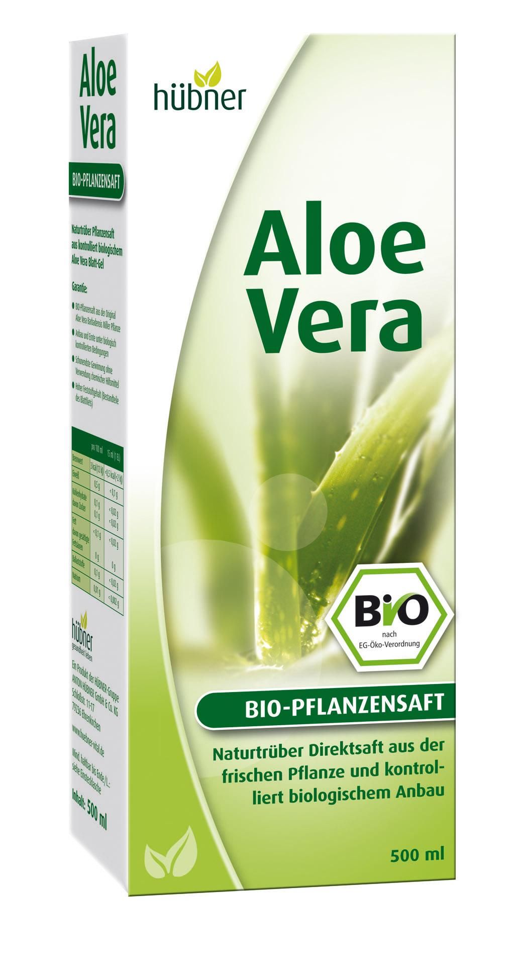 Verpackung von Hübner Aloe Vera Biopflanzensaft. Grün-weißes Design mit Aloe Vera-Blatt-Illustration. BIO-Siegel. Text: Aloe Vera, Bio-Pflanzensaft.