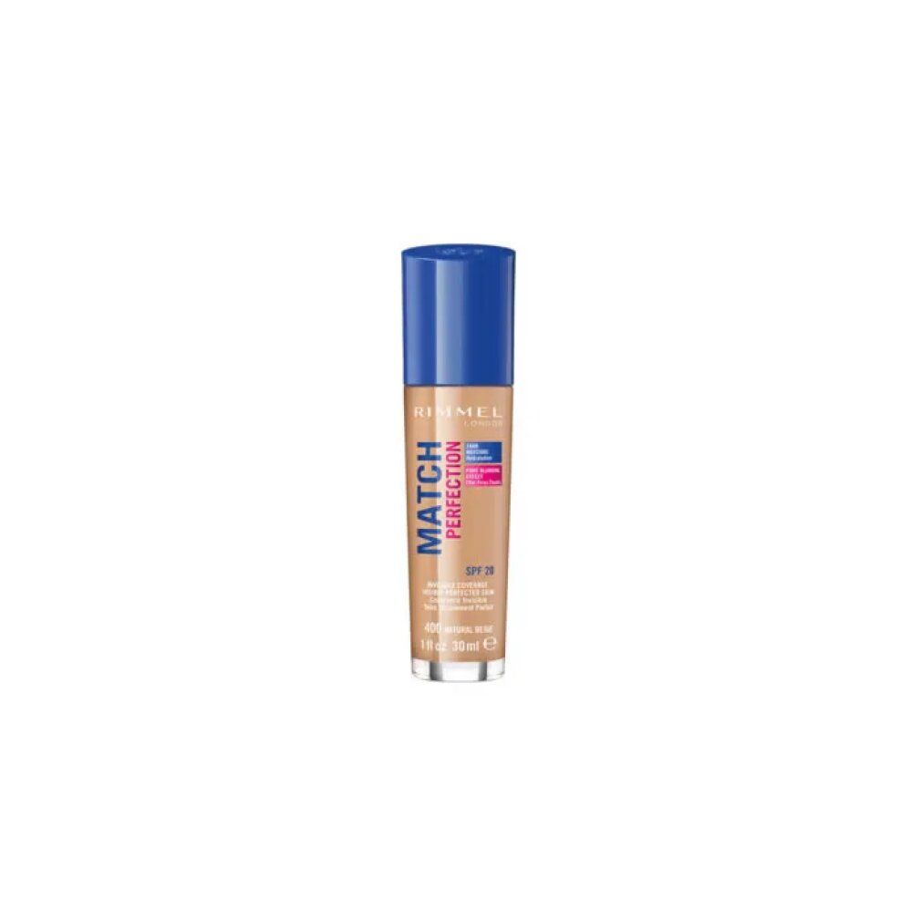 Flüssige Foundation in einer Glasflasche mit blauem Deckel. Aufschrift: Match Perfection, Farbton 400 Natural Beige.