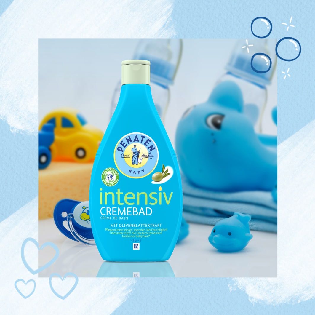 Blauer Kreis mit weißer 24 und Pfeil. Text: Spendet 24h Feuchtigkeit. PENATEN® BABY Logo.