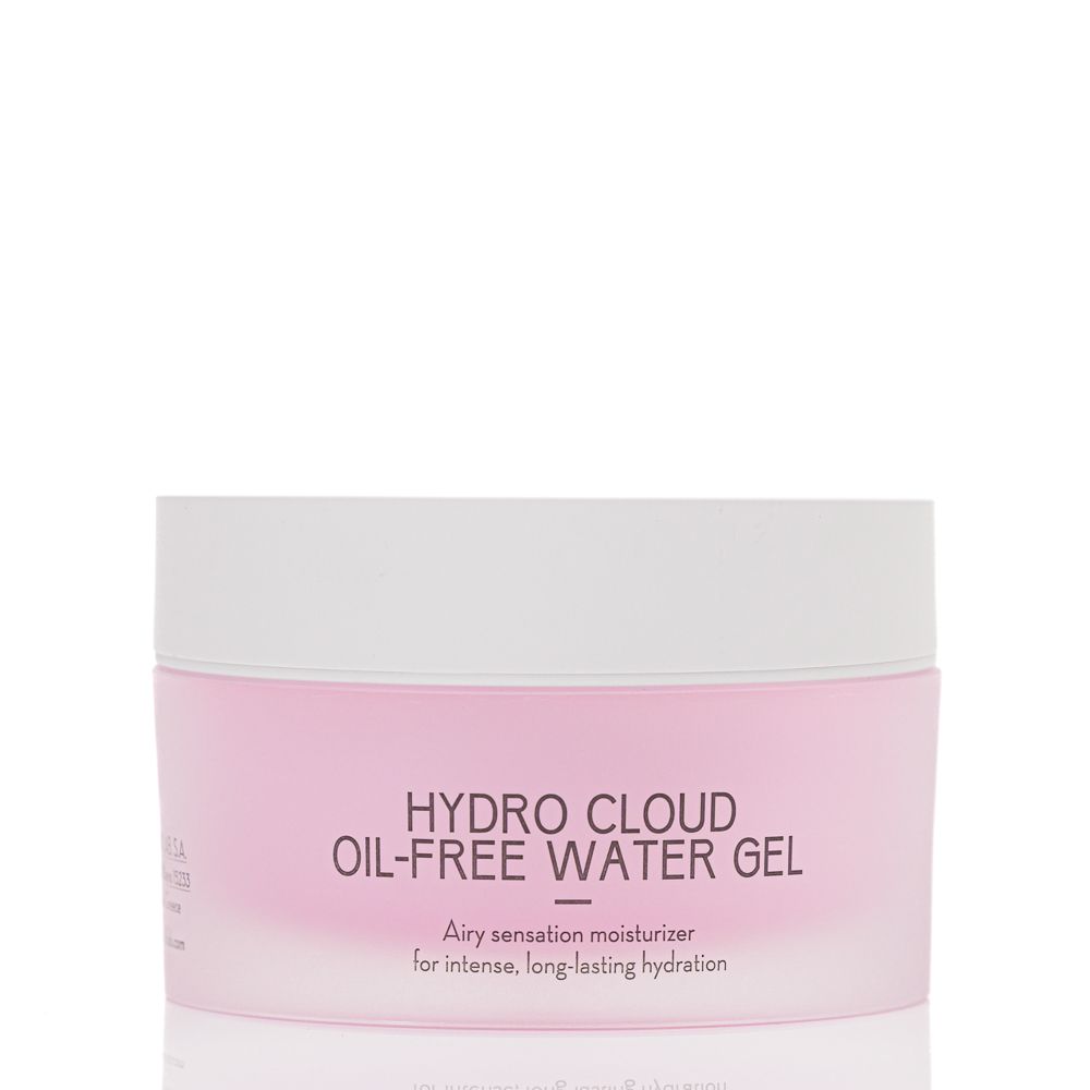Rosa Tiegel mit weißem Deckel. Aufschrift: HYDRO CLOUD OIL-FREE WATER GEL. Text: Airy sensation moisturizer for intense, long-lasting hydration.