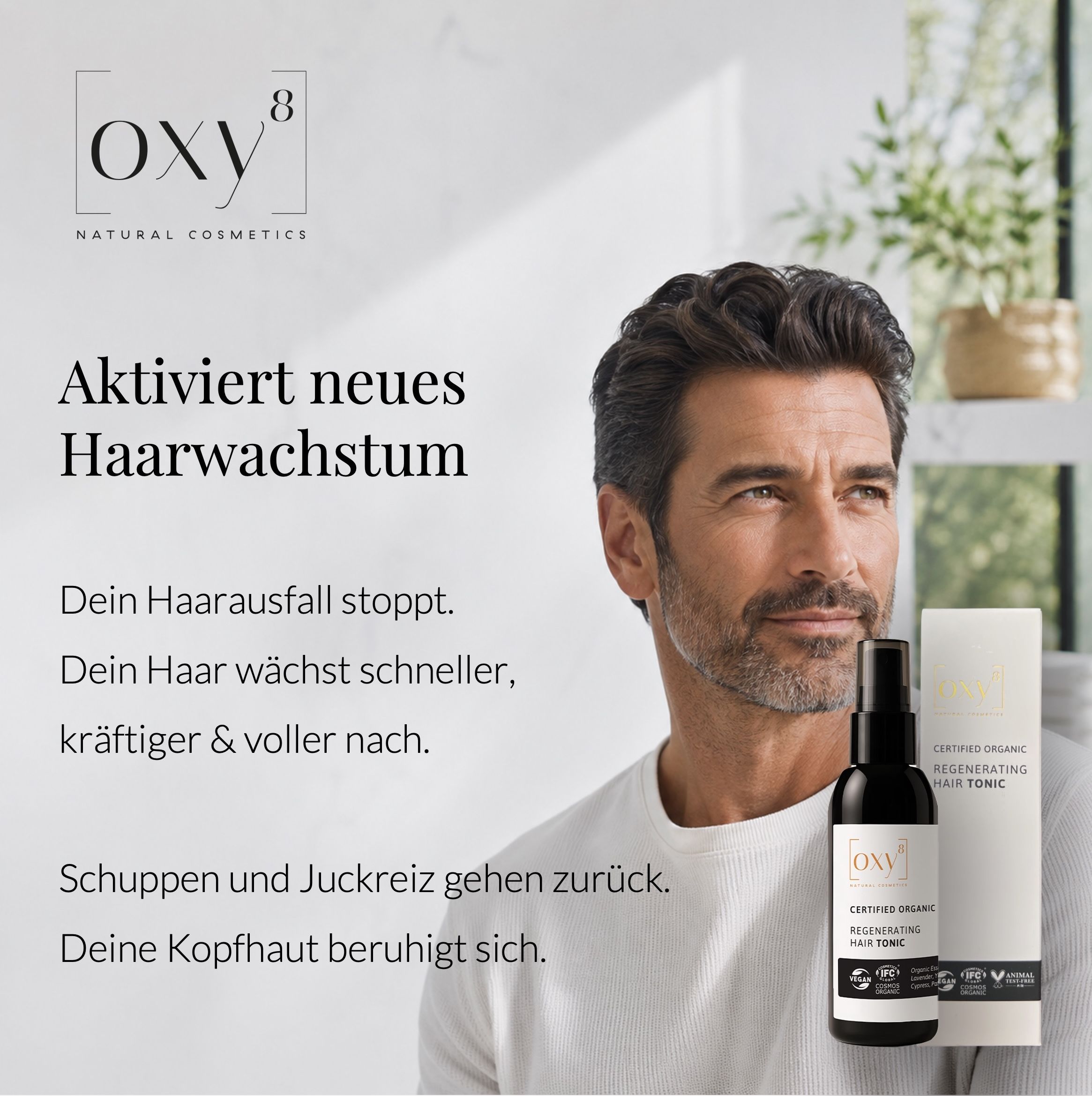 Mann mit OXY8 Regenerating Hair Tonic.