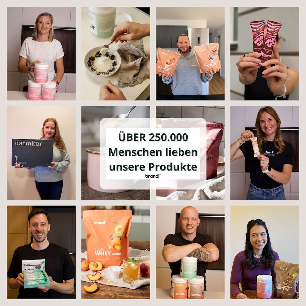 Collage mit Personen, die verschiedene Produkte halten, darunter Pulverbehälter, Riegel und Getränke.