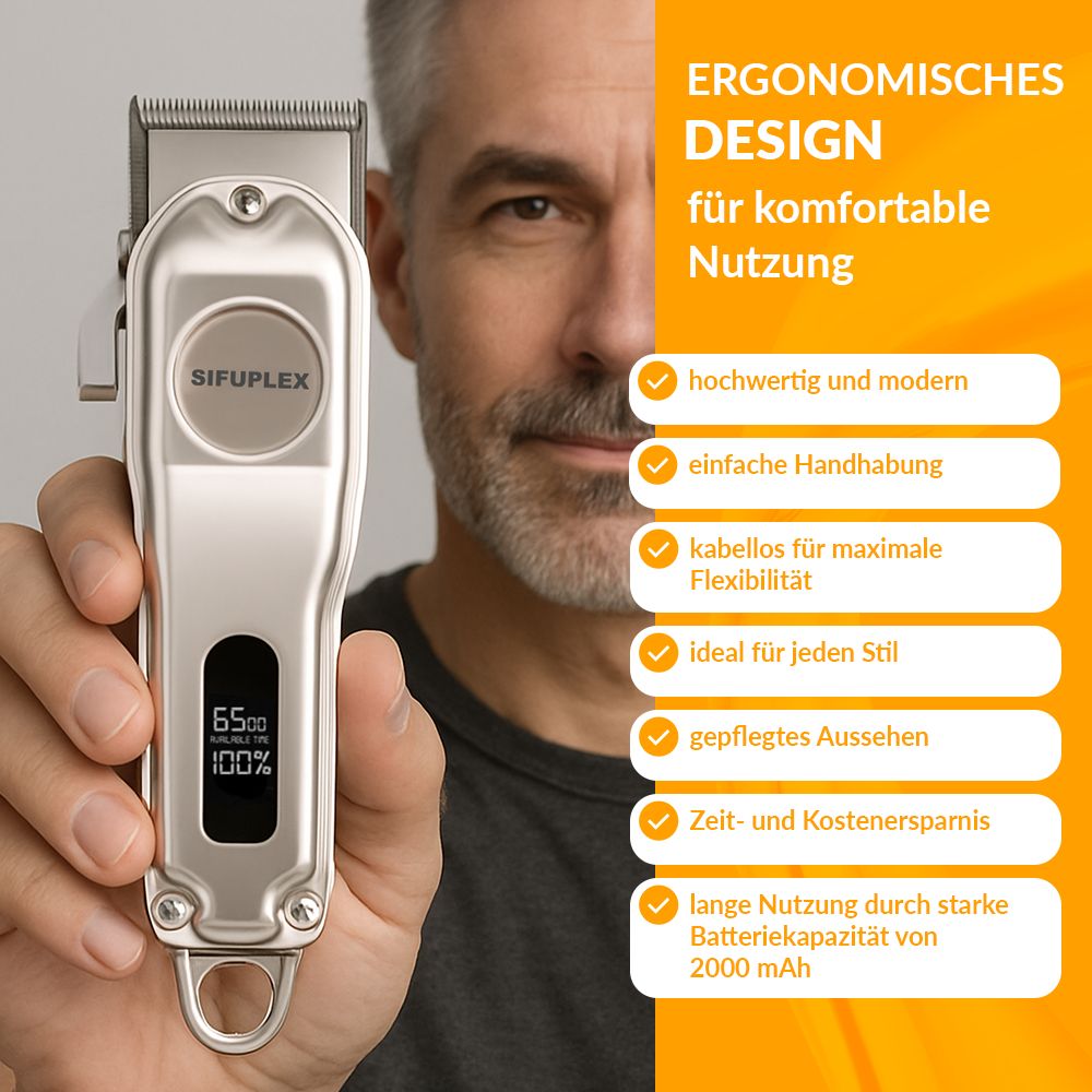 Haarschneidemaschine in Hand. Ergonomisches Design. Text: Hochwertig, einfach, kabellos, ideal für jeden Stil, gepflegtes Aussehen.