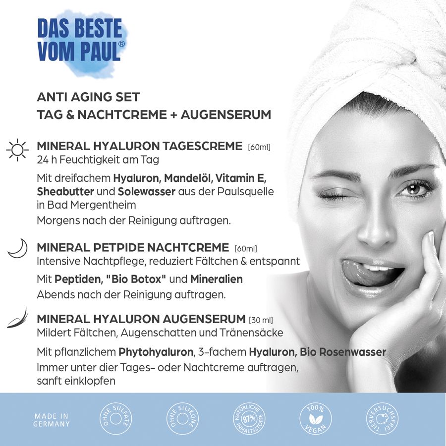 Produktverpackung mit Text: ANTI AGING SET, TAG & NACHTCREME + AUGENSERUM. Frau mit Handtuch, Zunge raus.