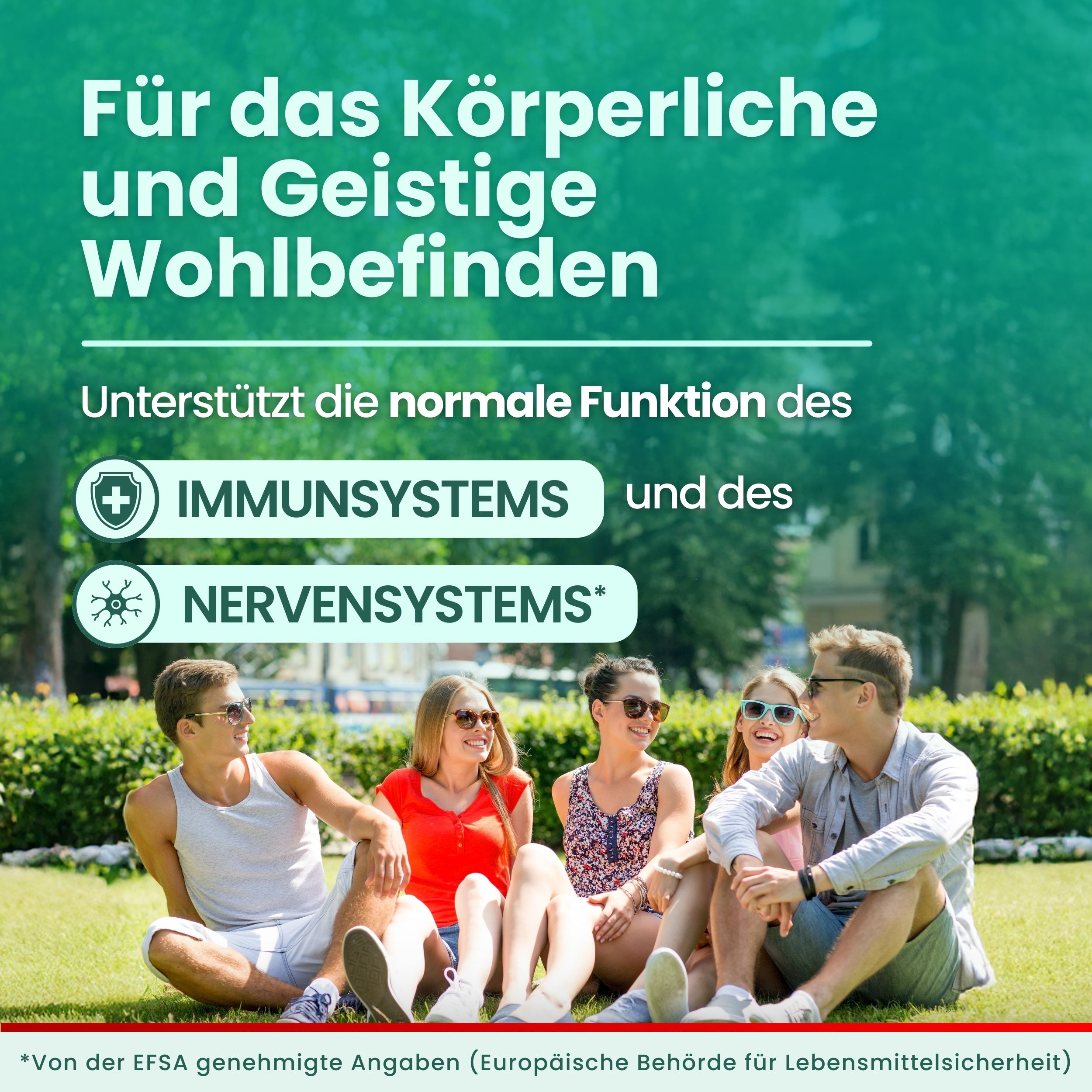 Gruppe von Freunden im Park. Text: Für körperliches und geistiges Wohlbefinden. Unterstützt Immunsystem und Nervensystem.