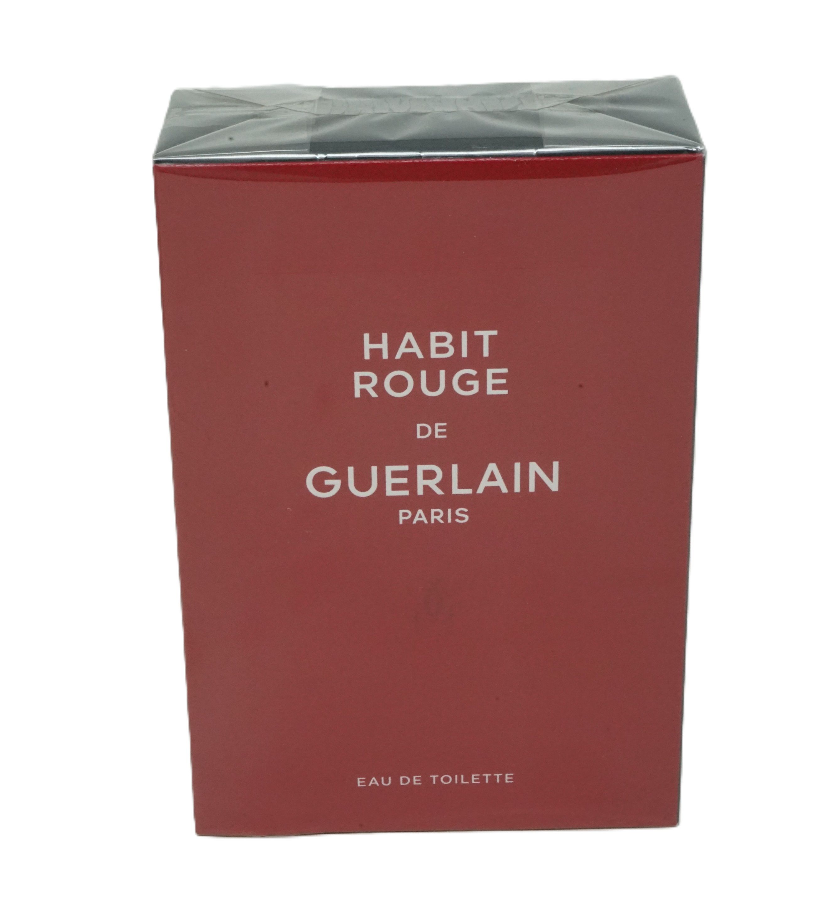 Rote rechteckige Schachtel mit "HABIT ROUGE DE GUERLAIN PARIS" und "EAU DE TOILETTE" Schriftzug.
