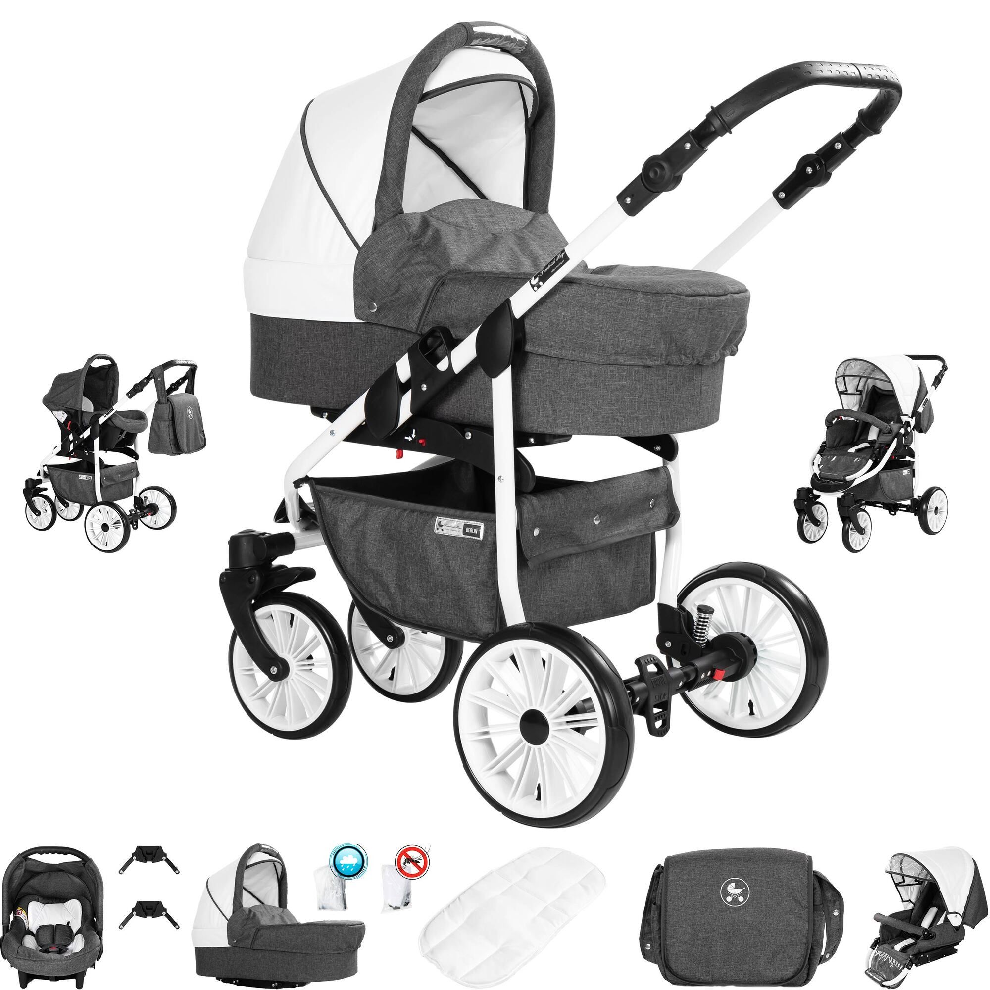 Friedrich Hugo Berlin 3 in 1 Kinderwagen Set Luftreifen, Dark Grey and White Day