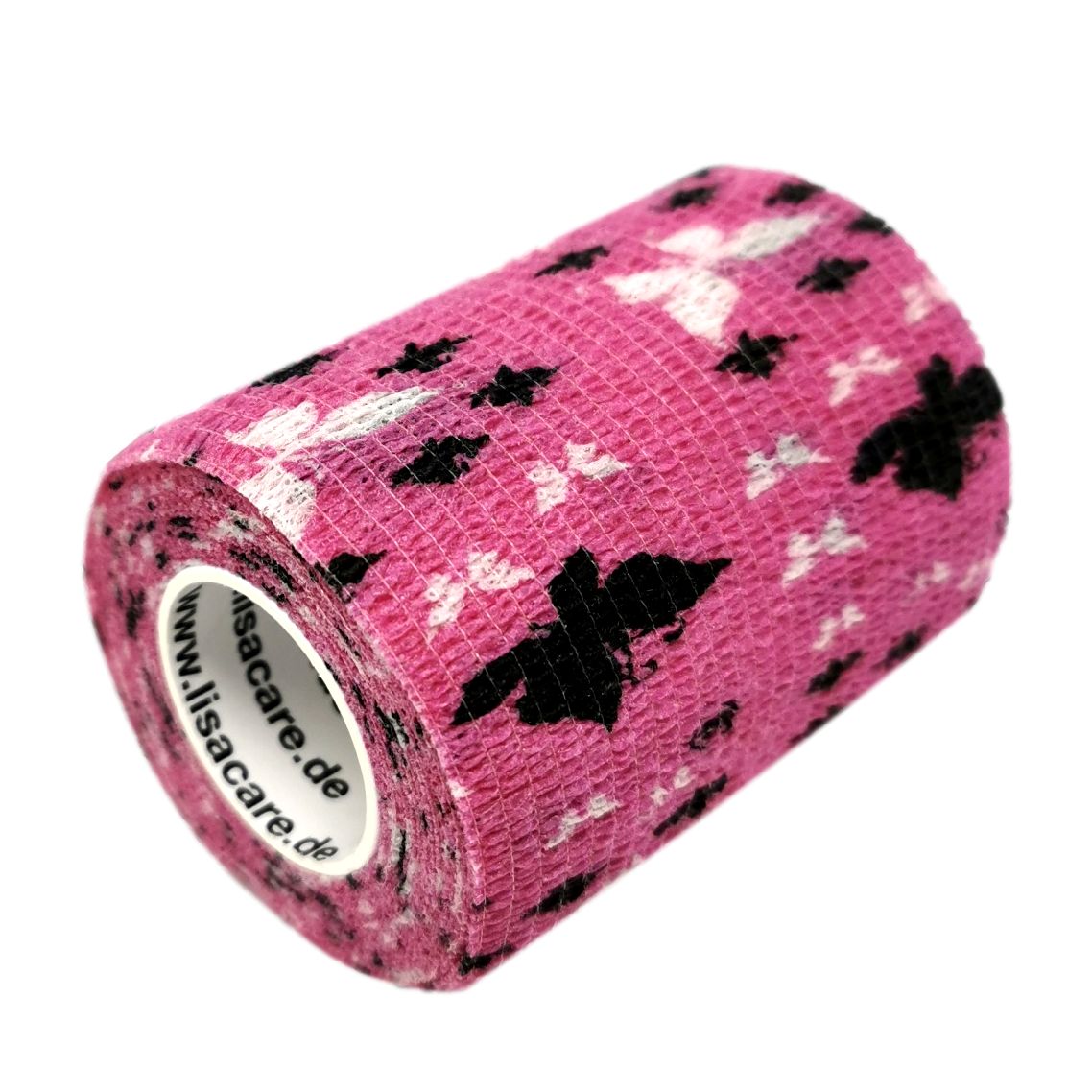 Rosa selbsthaftende Bandage mit Schmetterlingsmuster. Aufschrift: lisacare.de.