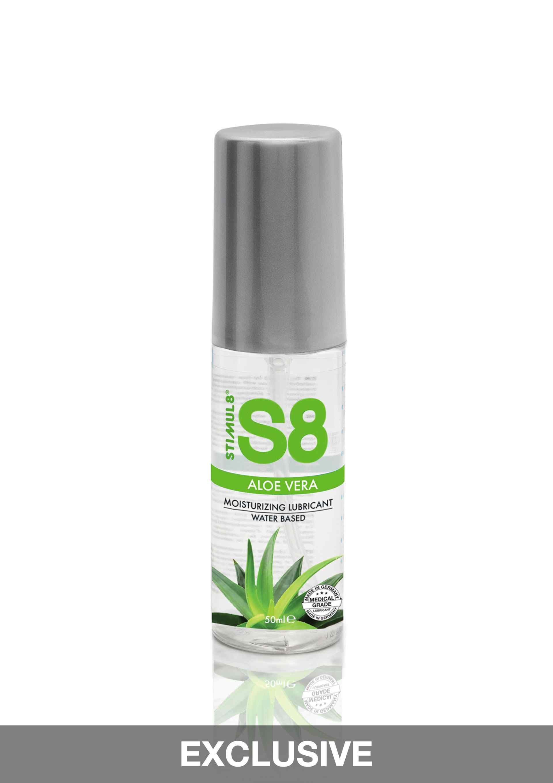 Stimul8 S8 Aloe Vera Gleitgel, 50ml Flasche mit silbernem Verschluss. Wasserbasiertes Gleitmittel mit Aloe Vera.