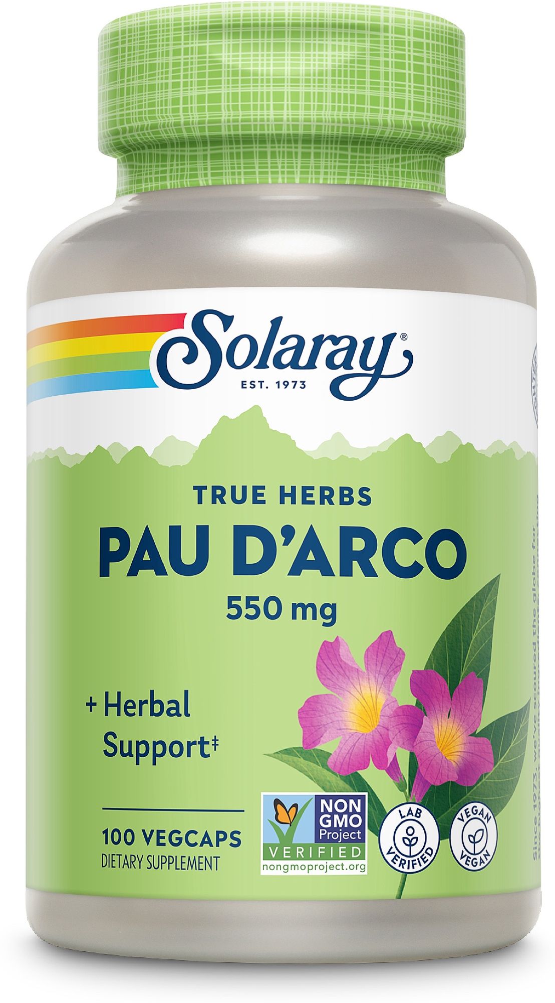 Solaray Pau D'Arco Flasche mit 100 Vegicaps, 550 mg. Enthält Regenbogen-Logo und Pflanzenabbildung.