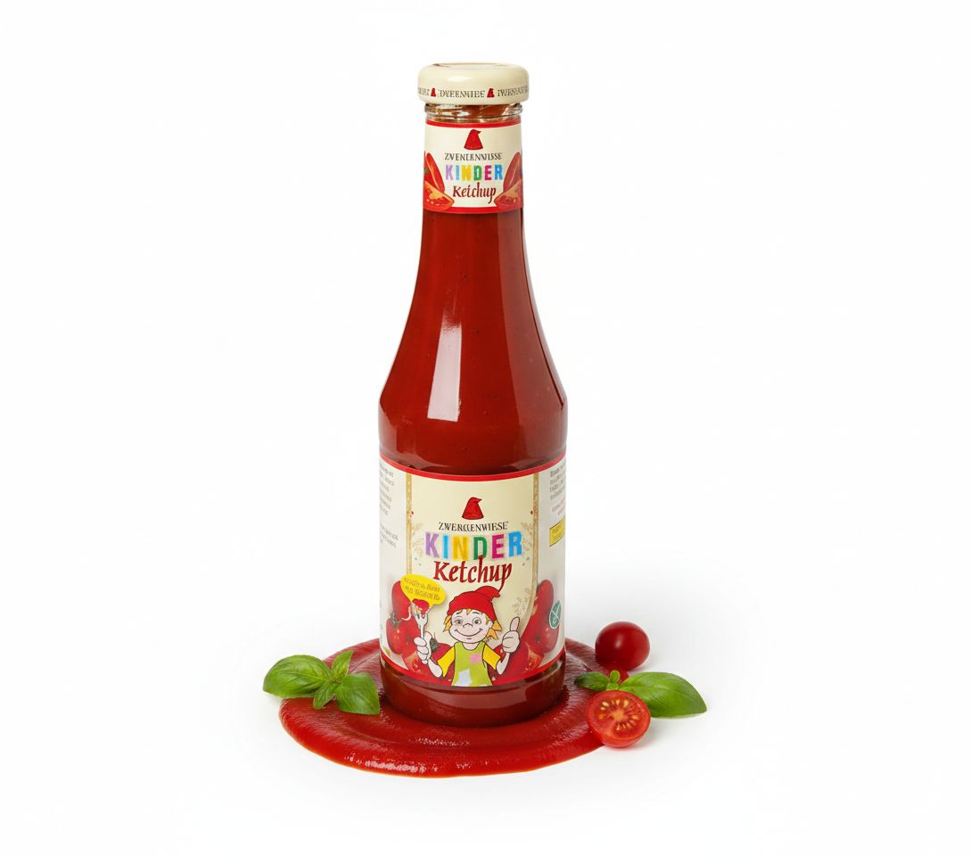 Flasche Zwergenwiese Kinder Ketchup auf verschüttetem Ketchup mit Tomaten und Basilikum.