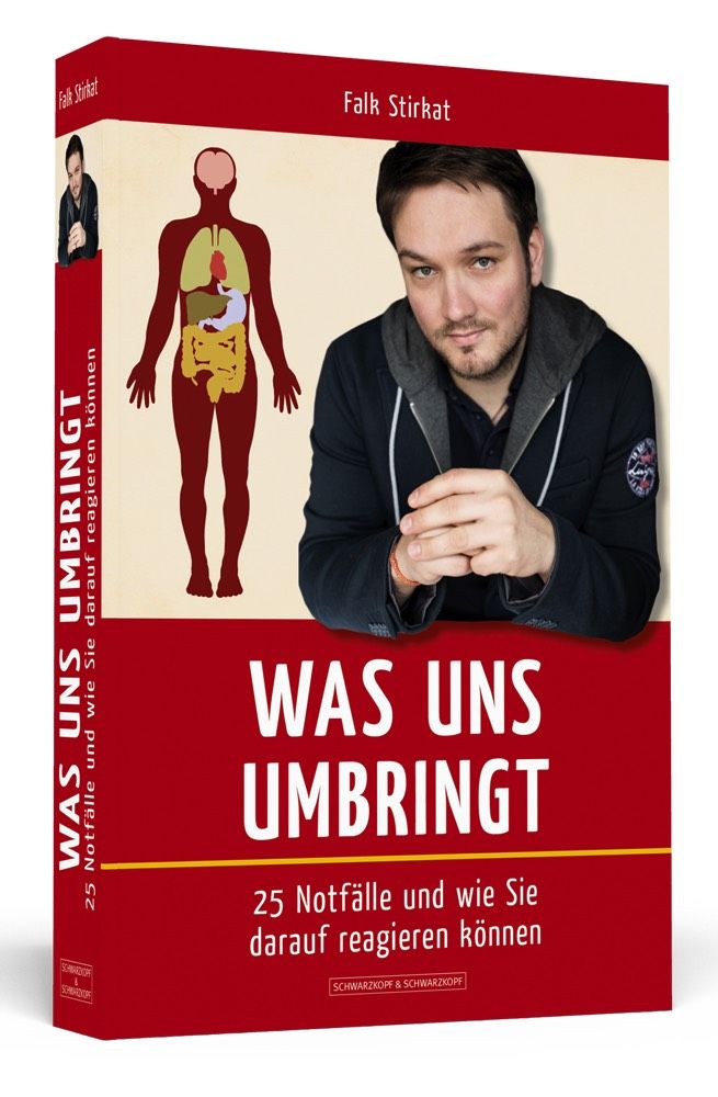 Buchcover. Titel: WAS UNS UMBRINGT. Autor: Falk Stirkat. Auf rotem Hintergrund, ein Mann und ein menschlicher Körper mit Organen.