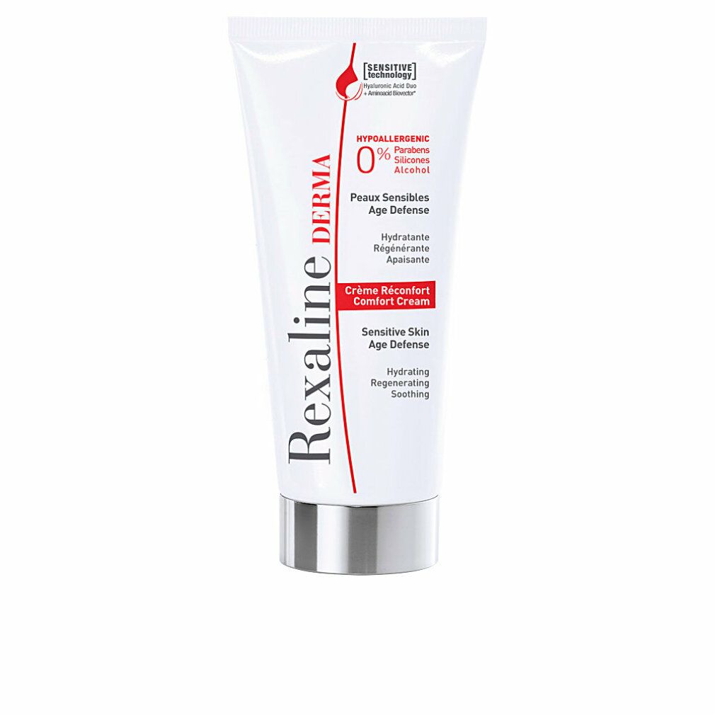 Weiße Tube mit silbernem Verschluss. Aufschrift: Rexaline Derma, Crème Réconfort, Sensitive Skin Age Defense, 0% Parfums, Parabens, Silicones, Alcohol.