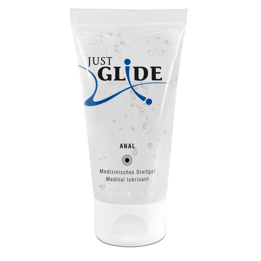 Tube mit Aufschrift: JUST GLIDE ANAL. Medizinische Gleitgel. Medical lubricant. Transparentes Gel.