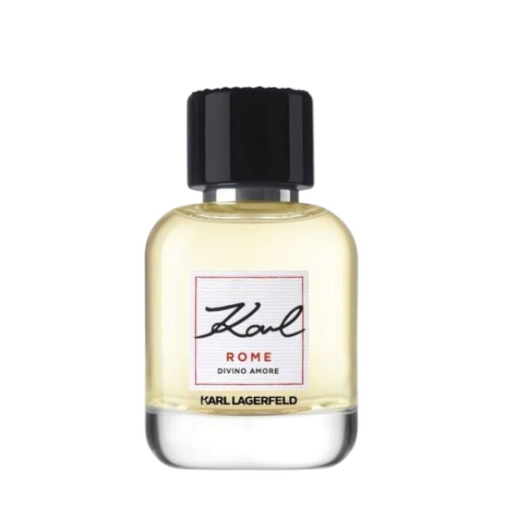 Flakon mit schwarzem Deckel. Aufschrift: Karl, Rome Divino Amore, Karl Lagerfeld. Transparenter Flakon mit gelblicher Flüssigkeit.